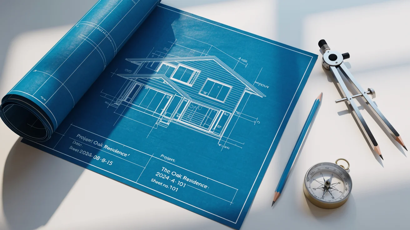 A detailed architectural blueprint of a modern house, unrolled on a white surface next to drafting tools like a T-square and compass.