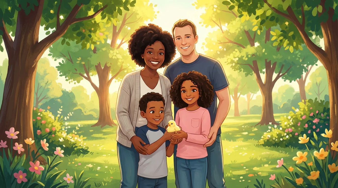 A finished, beautifully illustrated family portrait showing a diverse family of four smiling in a sunny park while their children hold a small chick.