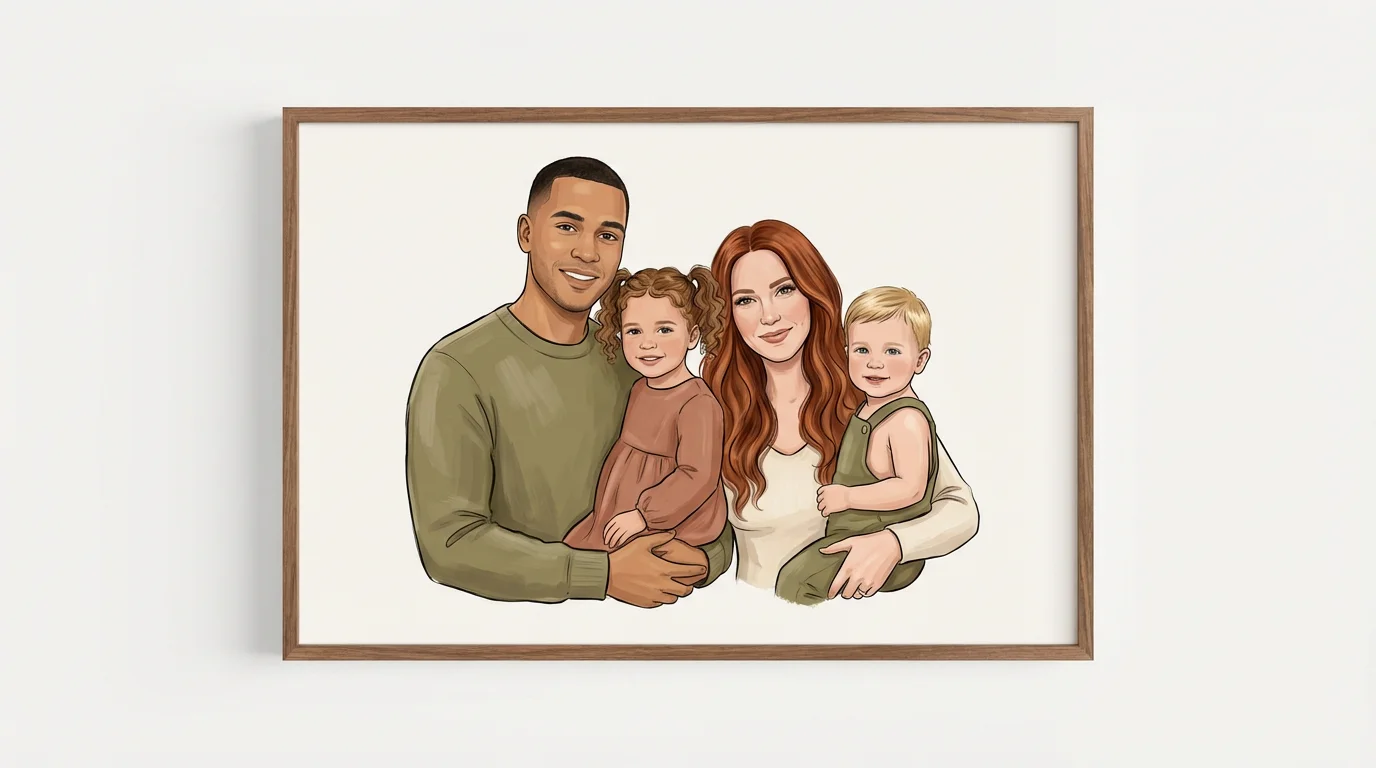 A warm, stylized digital illustration of a happy family of four in a loving embrace against a plain background. The portrait shows a father, mother, young daughter, and toddler son smiling together.