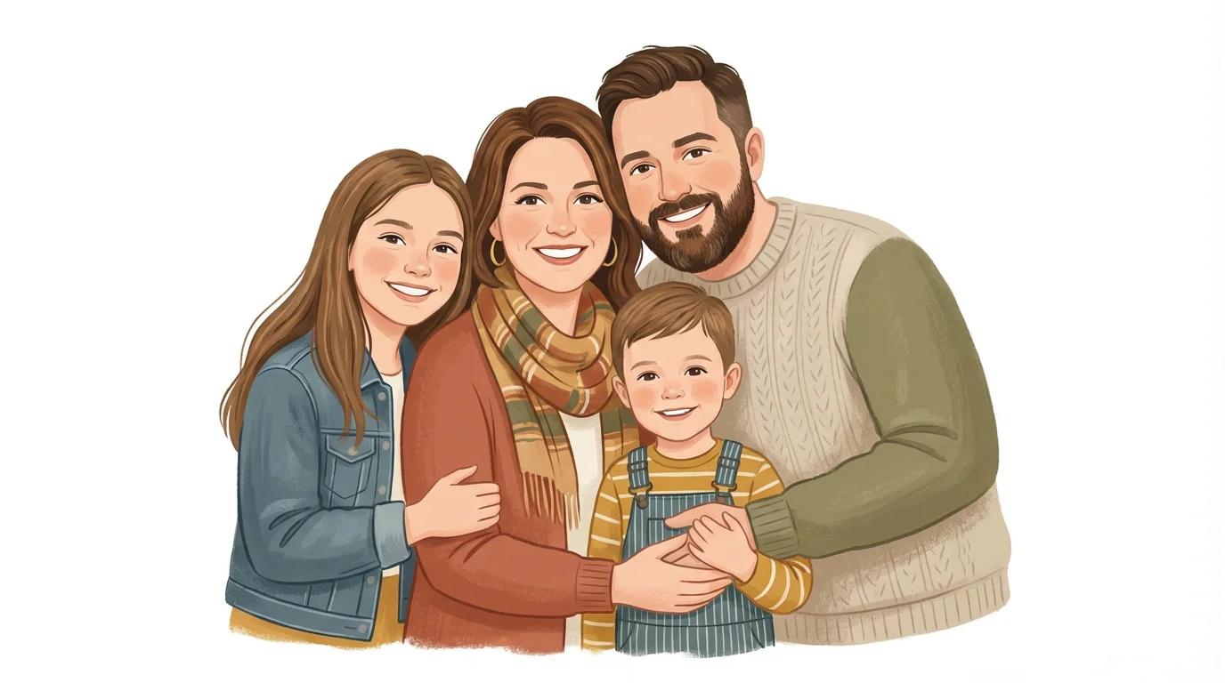 A charming digital illustration of a happy family of four posing for a portrait against a white background. The art style is modern and warm.