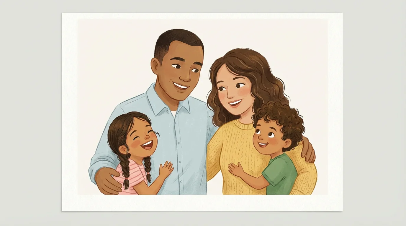A charming digital illustration of a smiling family of four, a mother, father, daughter, and son, huddled together affectionately against a plain white background, depicted in a modern storybook art style.