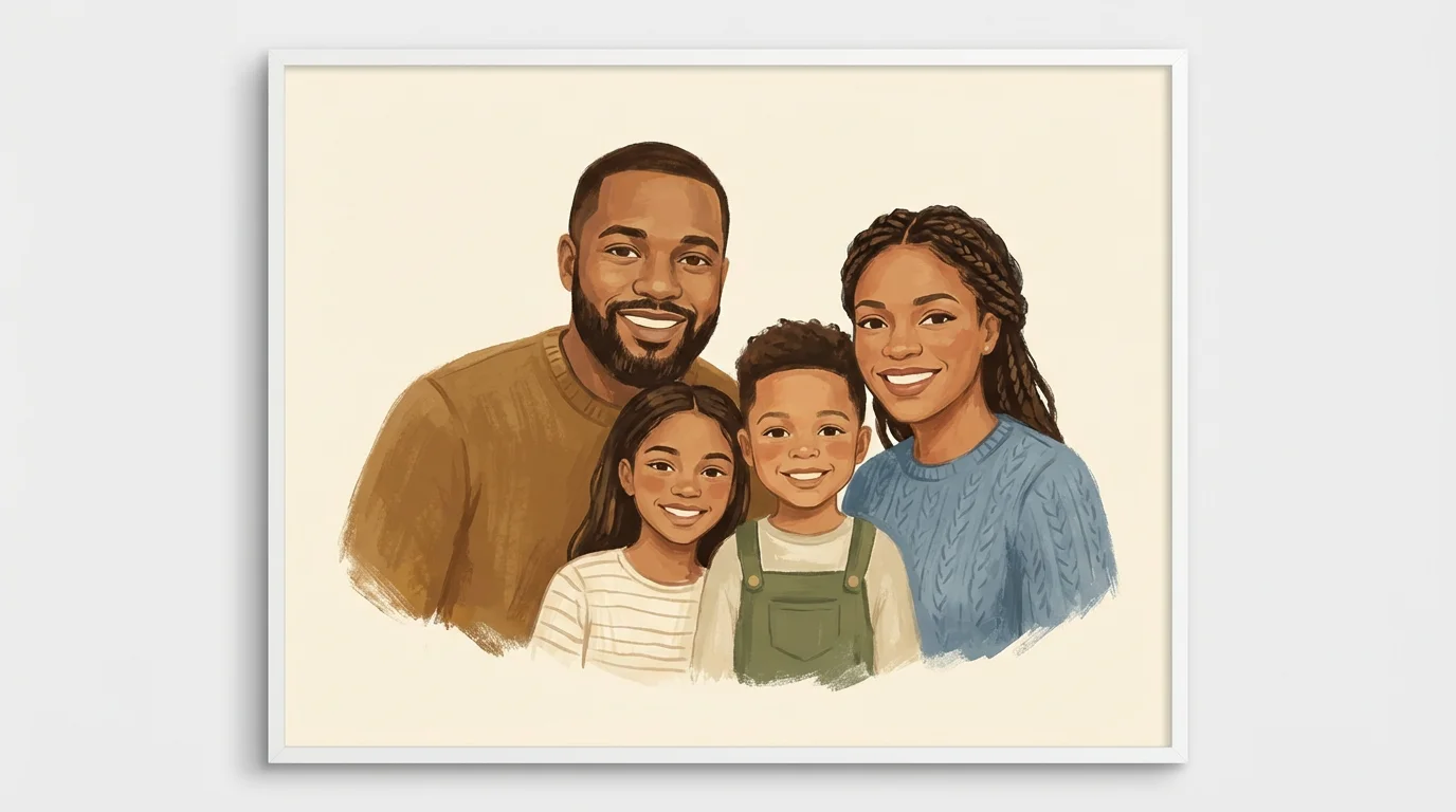 A digital art illustration of a happy family of four, a mother, father, daughter, and son, smiling together in a close-up portrait against a plain white background.