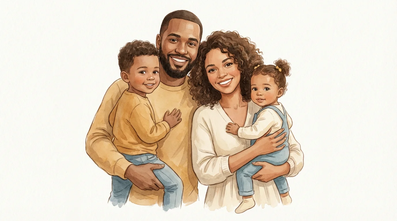 A beautiful watercolor illustration of a happy family of four, a mother, father, son, and daughter, hugging each other, set against a clean white background.