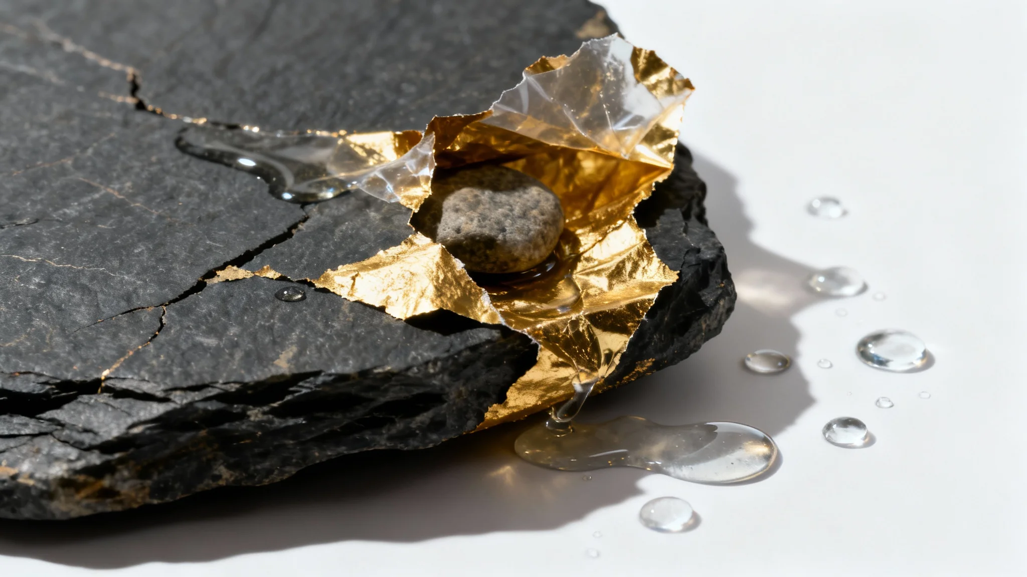 A photorealistic macro image of a luxurious texture overlay, showing dark slate, peeling gold foil, and water droplets against a stark white background.