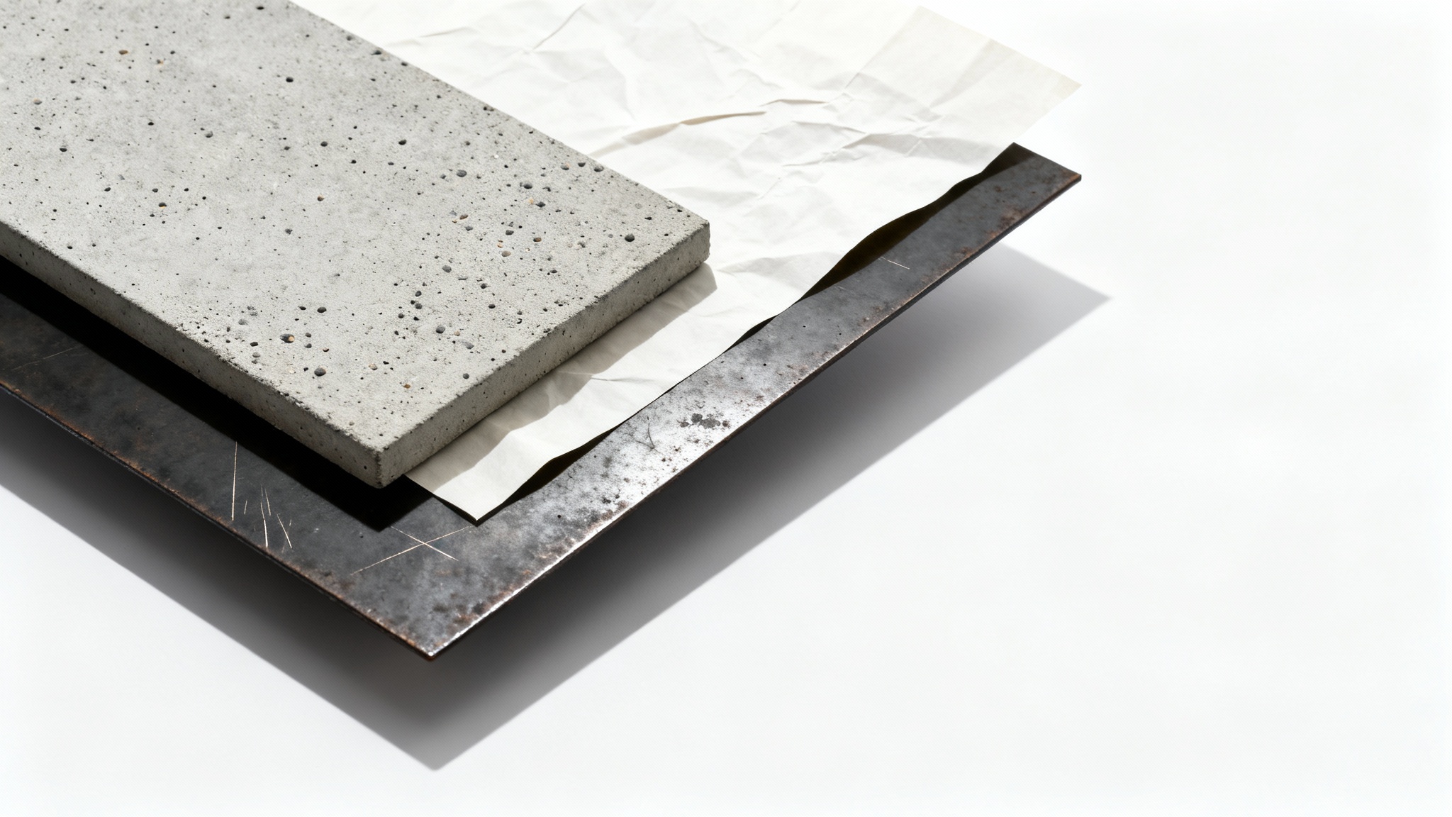 A minimalist abstract image displaying overlapping rectangular shapes with different textures, such as concrete, crinkled paper, and distressed metal, on a clean white background.