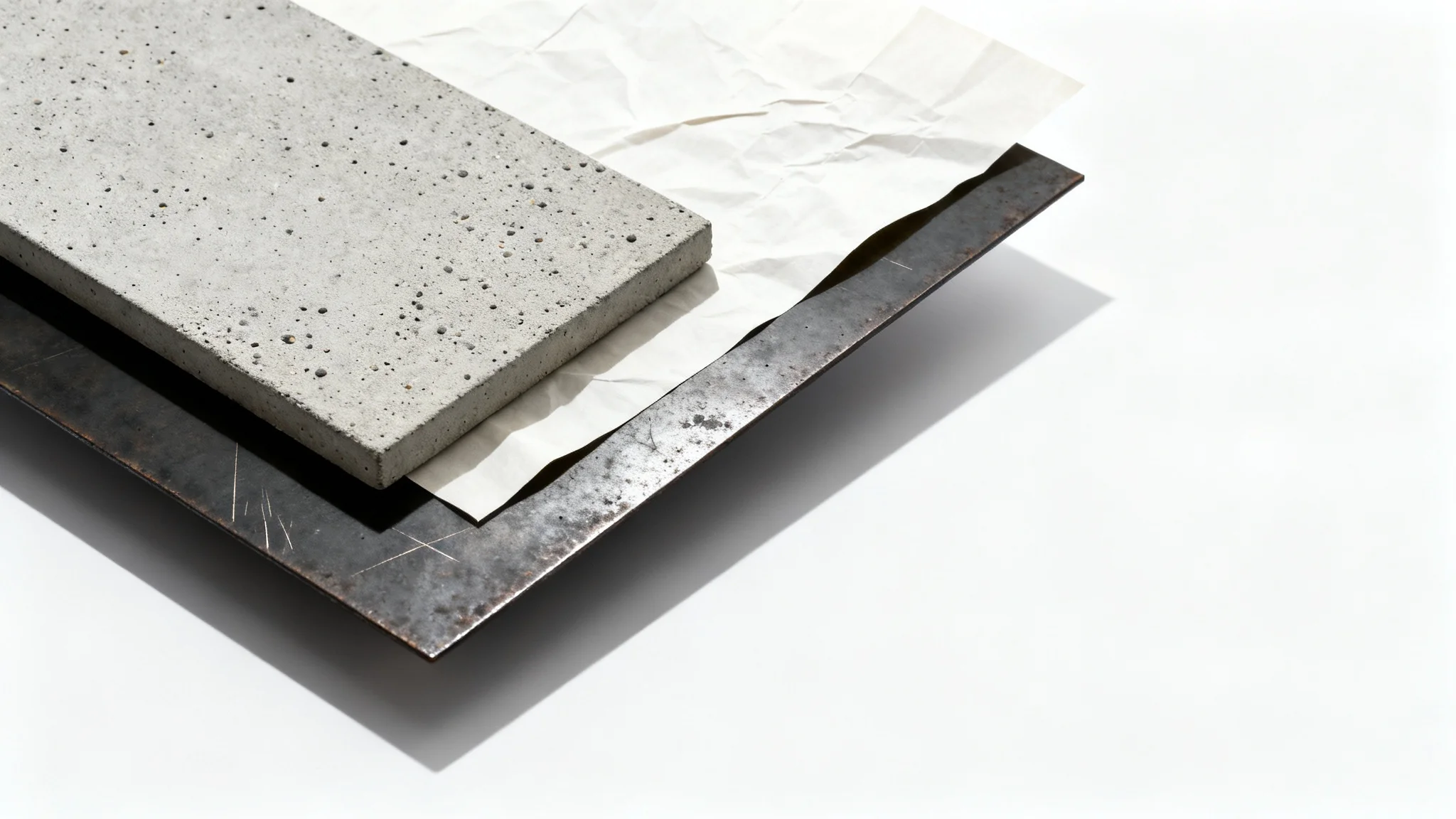 A minimalist abstract image displaying overlapping rectangular shapes with different textures, such as concrete, crinkled paper, and distressed metal, on a clean white background.