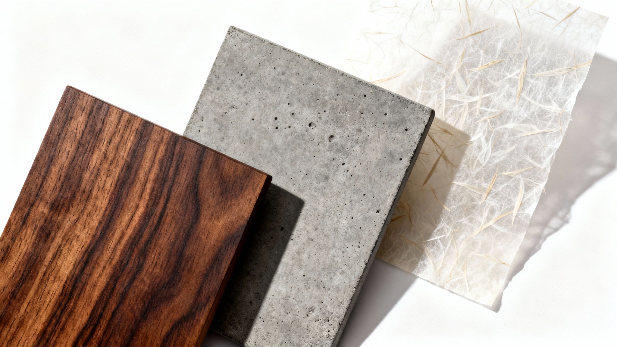 A high-detail mockup of three different texture samples on a white background: dark wood grain, gray concrete, and fibrous rice paper.