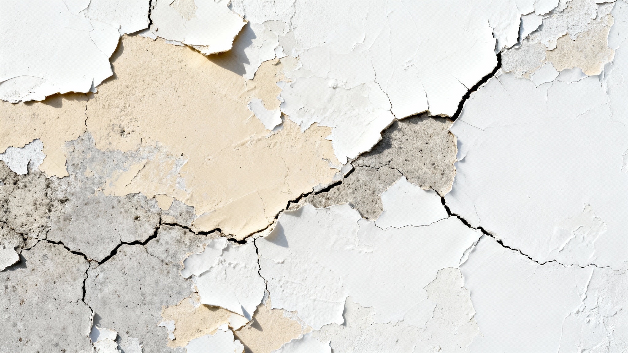 A close-up, detailed photograph of a textured surface with cracked and peeling paint in shades of white and beige, suitable for use as a background overlay, set against a clean white background.