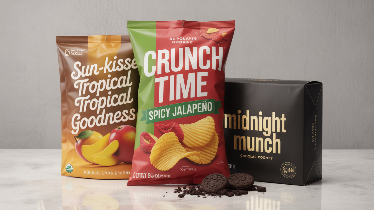Three professionally designed snack packages—a bag of chips, a pouch of dried mangoes, and a box of cookies—displayed in a clean, modern product shot.