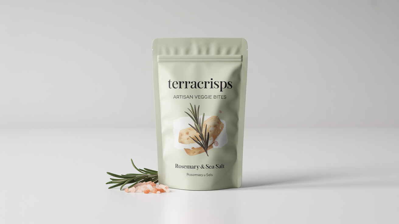 A modern, matte-finish pouch of 'TerraCrisps' artisan veggie bites in 'Rosemary & Sea Salt' flavor, standing against a clean white background.