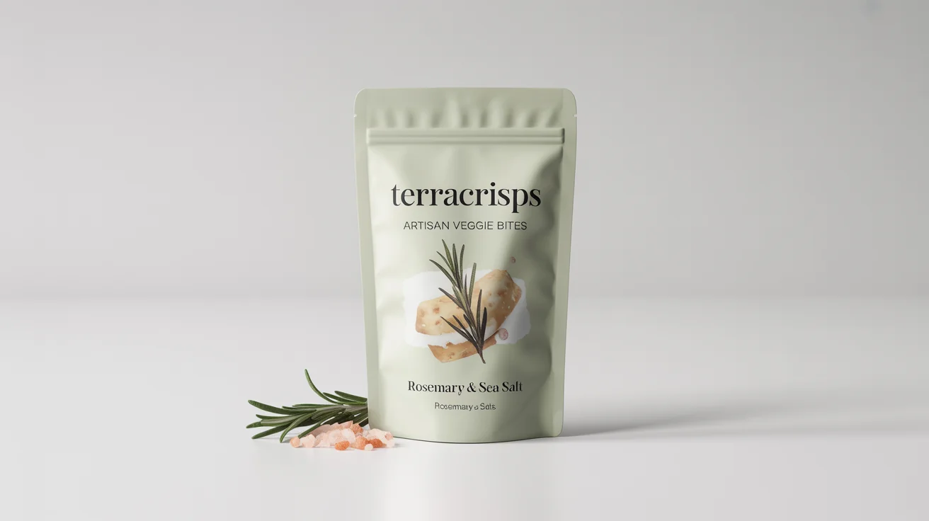 A modern, matte-finish pouch of 'TerraCrisps' artisan veggie bites in 'Rosemary & Sea Salt' flavor, standing against a clean white background.