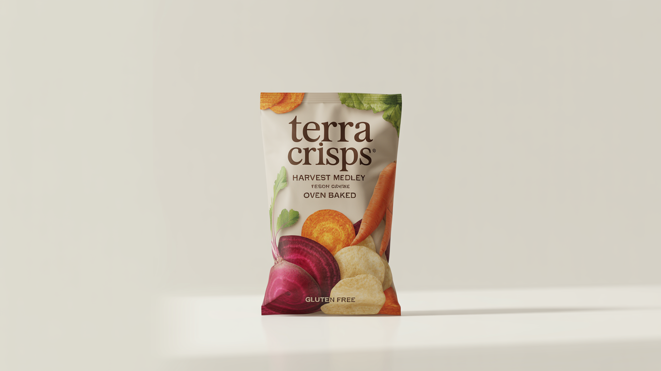 A product mockup of a modern, matte-finish bag of 'Terra Crisps' vegetable chips, featuring a photo of the chips and the words 'Harvest Medley', set against a plain white background.