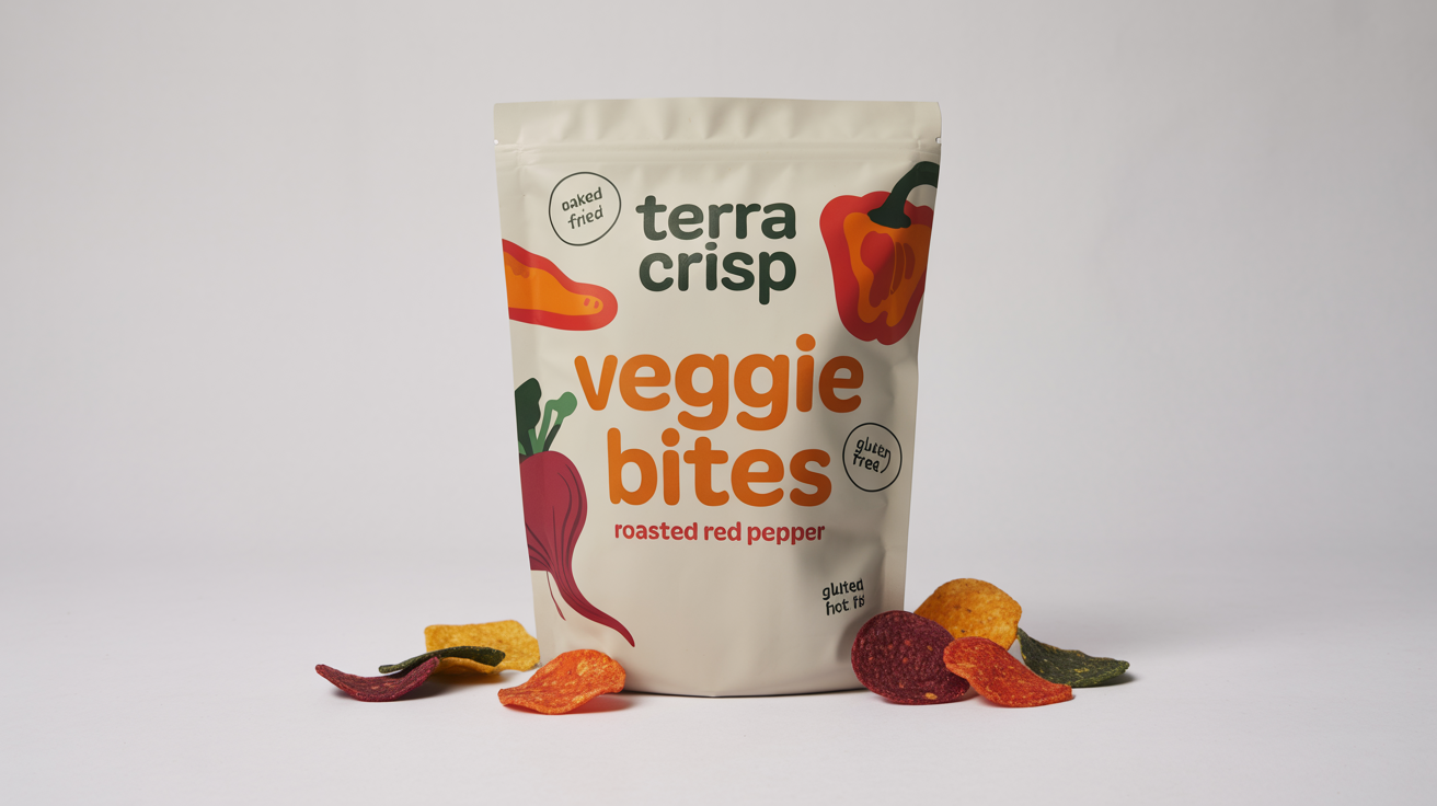A professional product mockup of a white, modern snack pouch labeled 'Terra Crisp Veggie Bites' in 'Roasted Red Pepper' flavor, standing on a white surface with a few chips scattered around it.