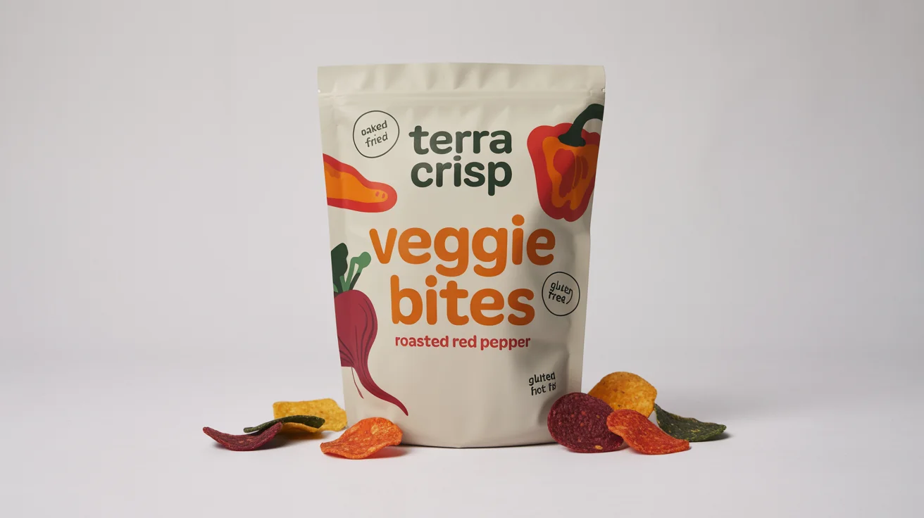 A professional product mockup of a white, modern snack pouch labeled 'Terra Crisp Veggie Bites' in 'Roasted Red Pepper' flavor, standing on a white surface with a few chips scattered around it.