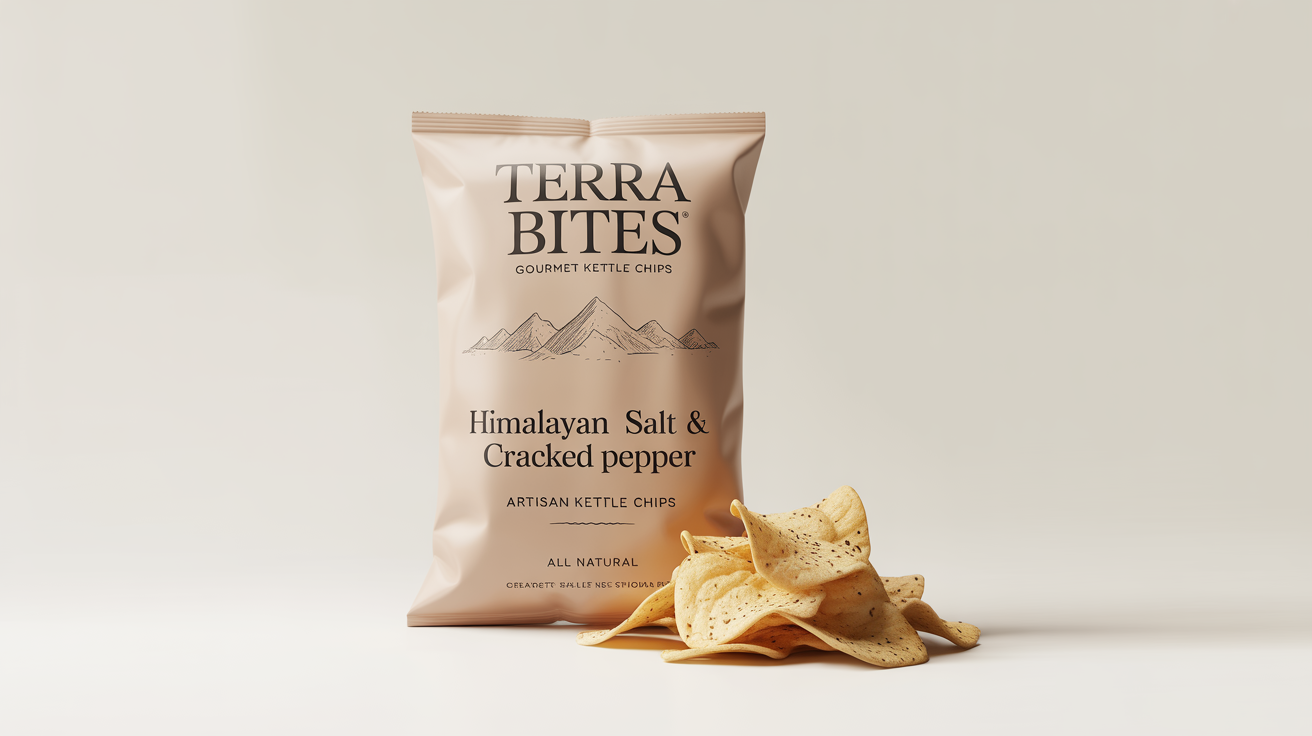 A professional product mockup of a beige snack bag for 'Terra Bites' kettle chips, flavored with Himalayan Salt & Cracked Pepper. The bag stands on a white background with a few chips scattered beside it.