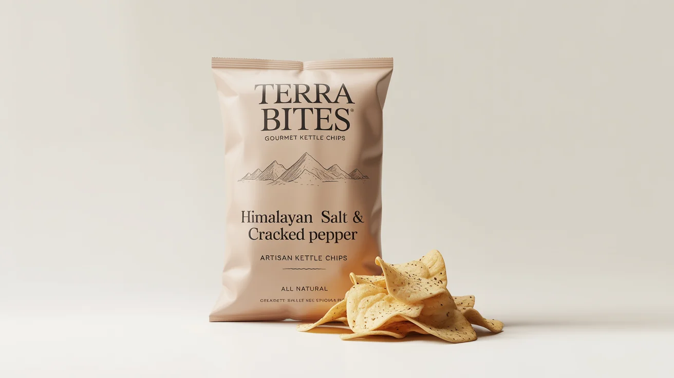 A professional product mockup of a beige snack bag for 'Terra Bites' kettle chips, flavored with Himalayan Salt & Cracked Pepper. The bag stands on a white background with a few chips scattered beside it.