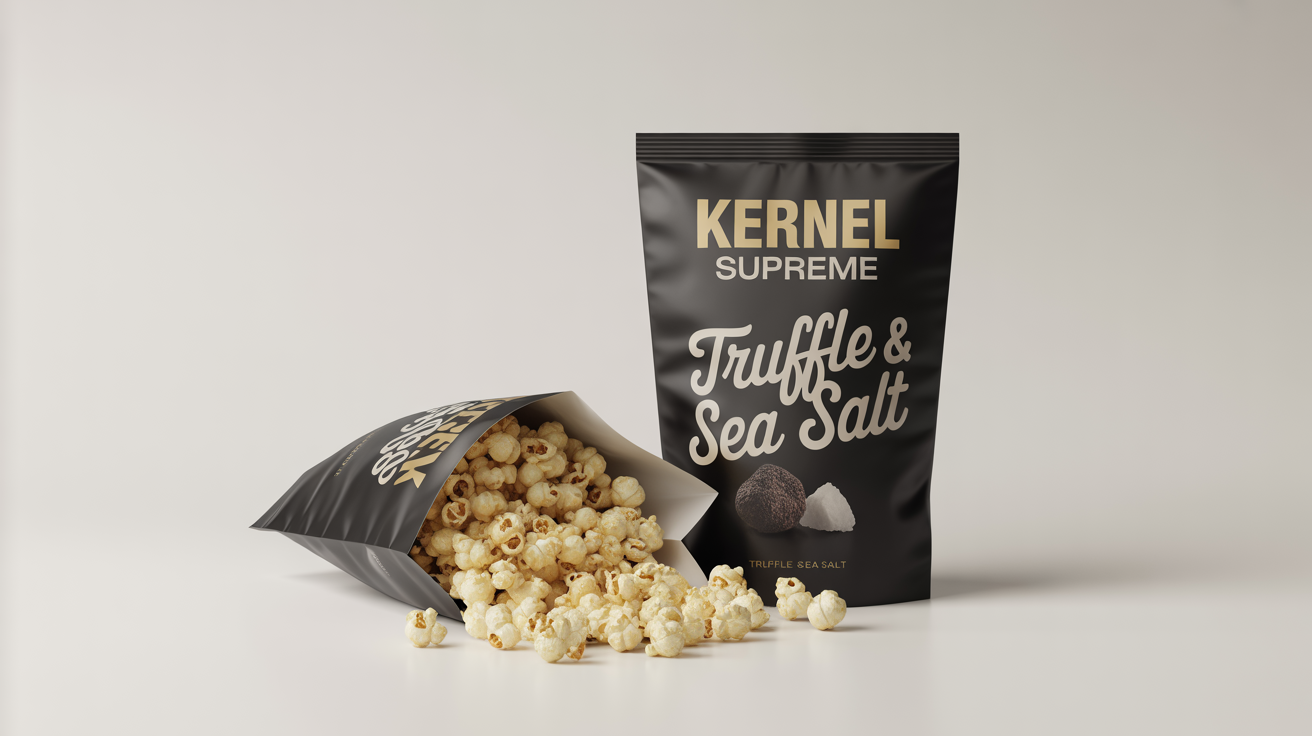 A photorealistic mockup of a premium black snack pouch for 'Kernel Supreme' brand 'Truffle & Sea Salt' gourmet popcorn, displayed on a clean white background.