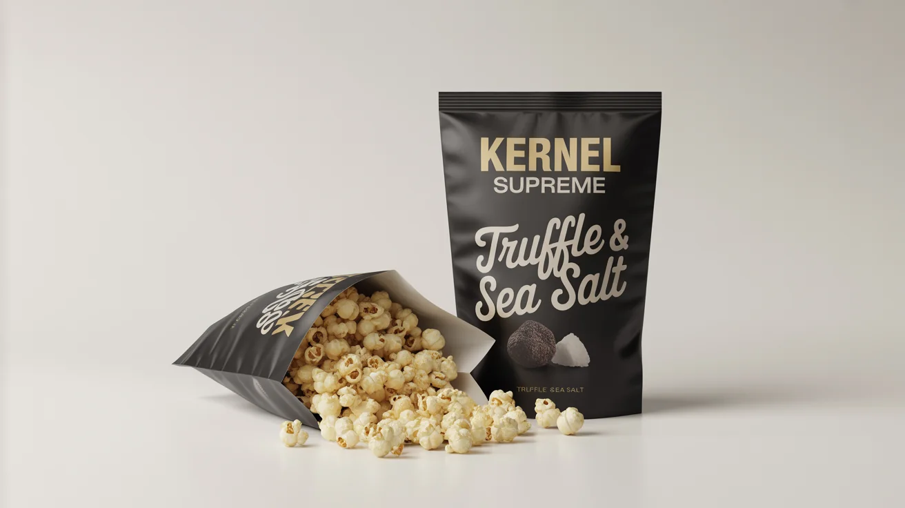 A photorealistic mockup of a premium black snack pouch for 'Kernel Supreme' brand 'Truffle & Sea Salt' gourmet popcorn, displayed on a clean white background.