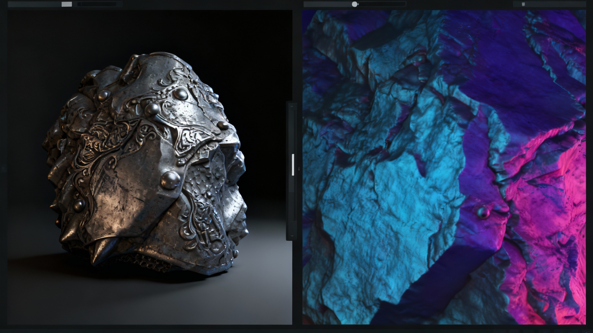 A hyper-realistic 3D render of a knight's gauntlet, with dramatic lighting highlighting the intricate details and textures created by a normal map.