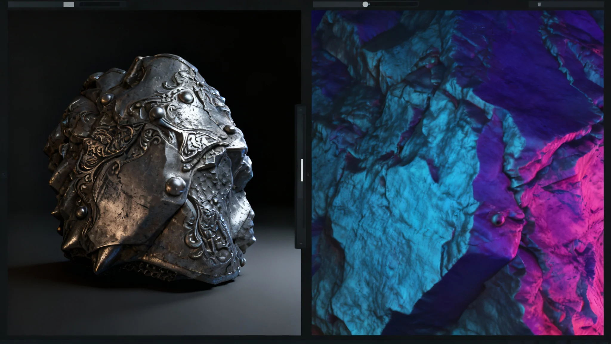 A hyper-realistic 3D render of a knight's gauntlet, with dramatic lighting highlighting the intricate details and textures created by a normal map.