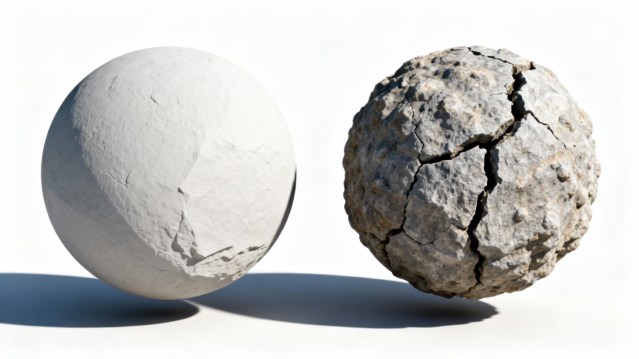 A visual comparison of a 3D sphere with and without a normal map. The left sphere is smooth, while the right sphere has realistic, detailed rock textures and shadows, demonstrating the added depth from a normal map.