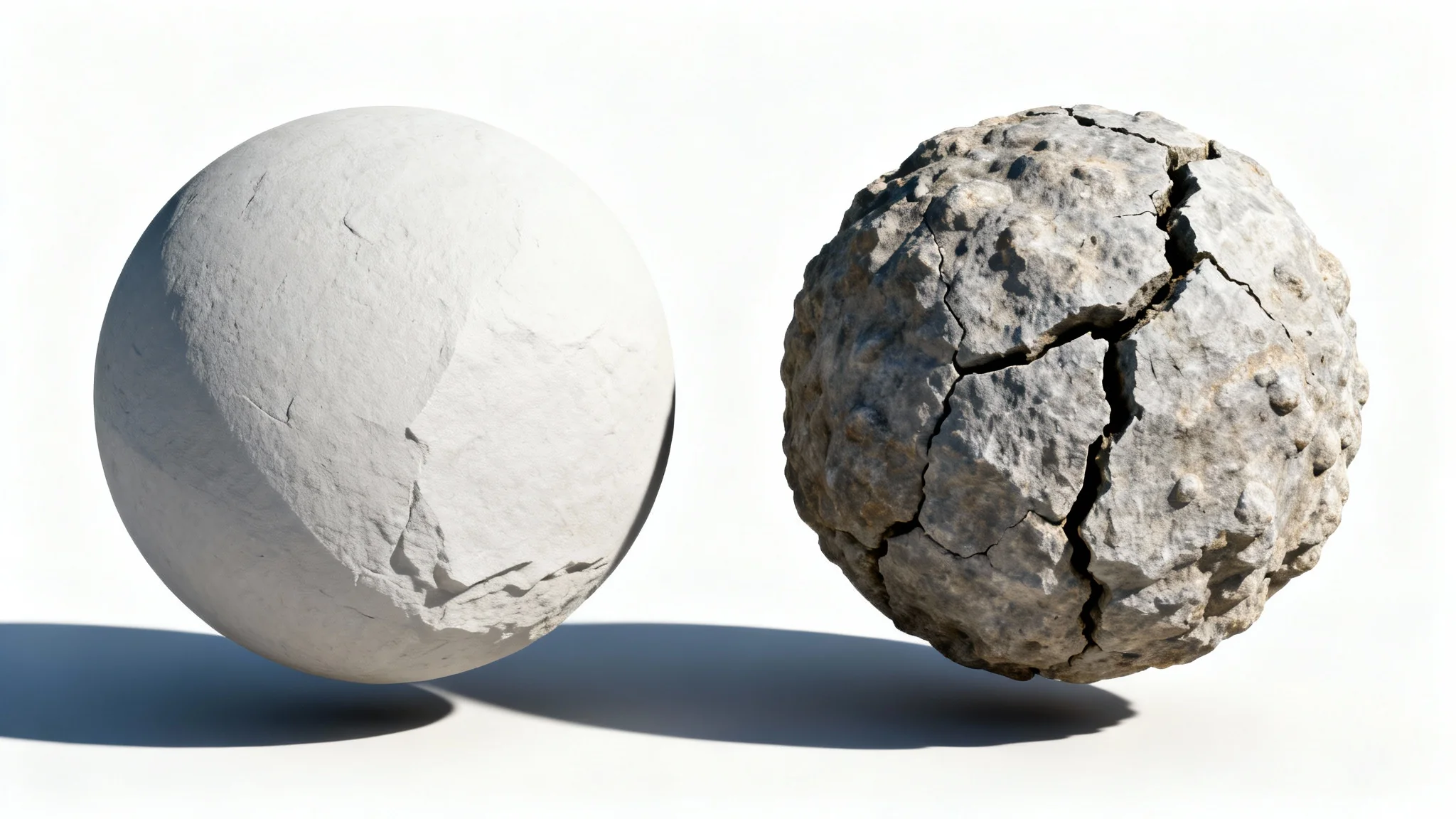 A visual comparison of a 3D sphere with and without a normal map. The left sphere is smooth, while the right sphere has realistic, detailed rock textures and shadows, demonstrating the added depth from a normal map.