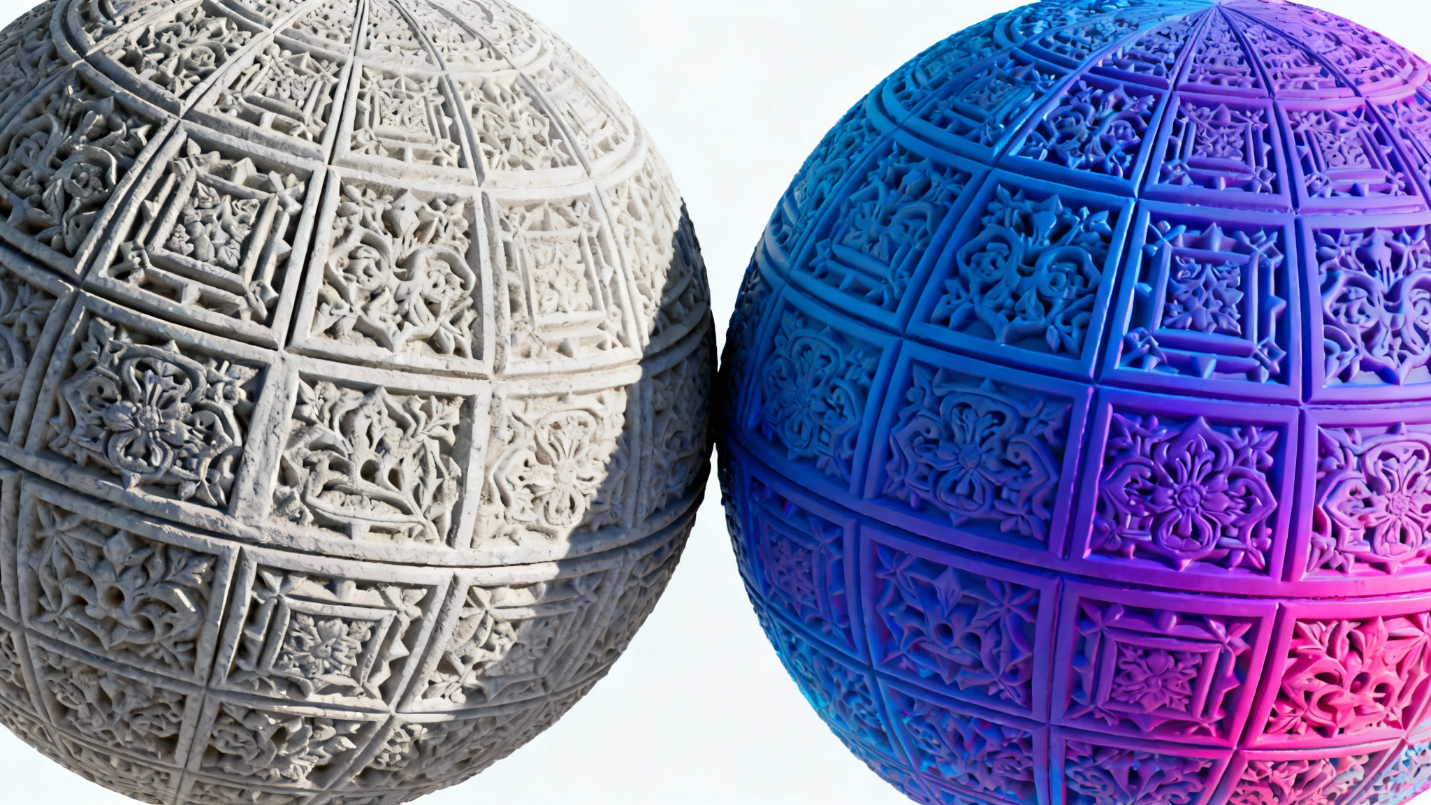 A side-by-side comparison of a detailed 3D geometric sphere and its purple and blue normal map against a white background, illustrating the function of a normal map generator.