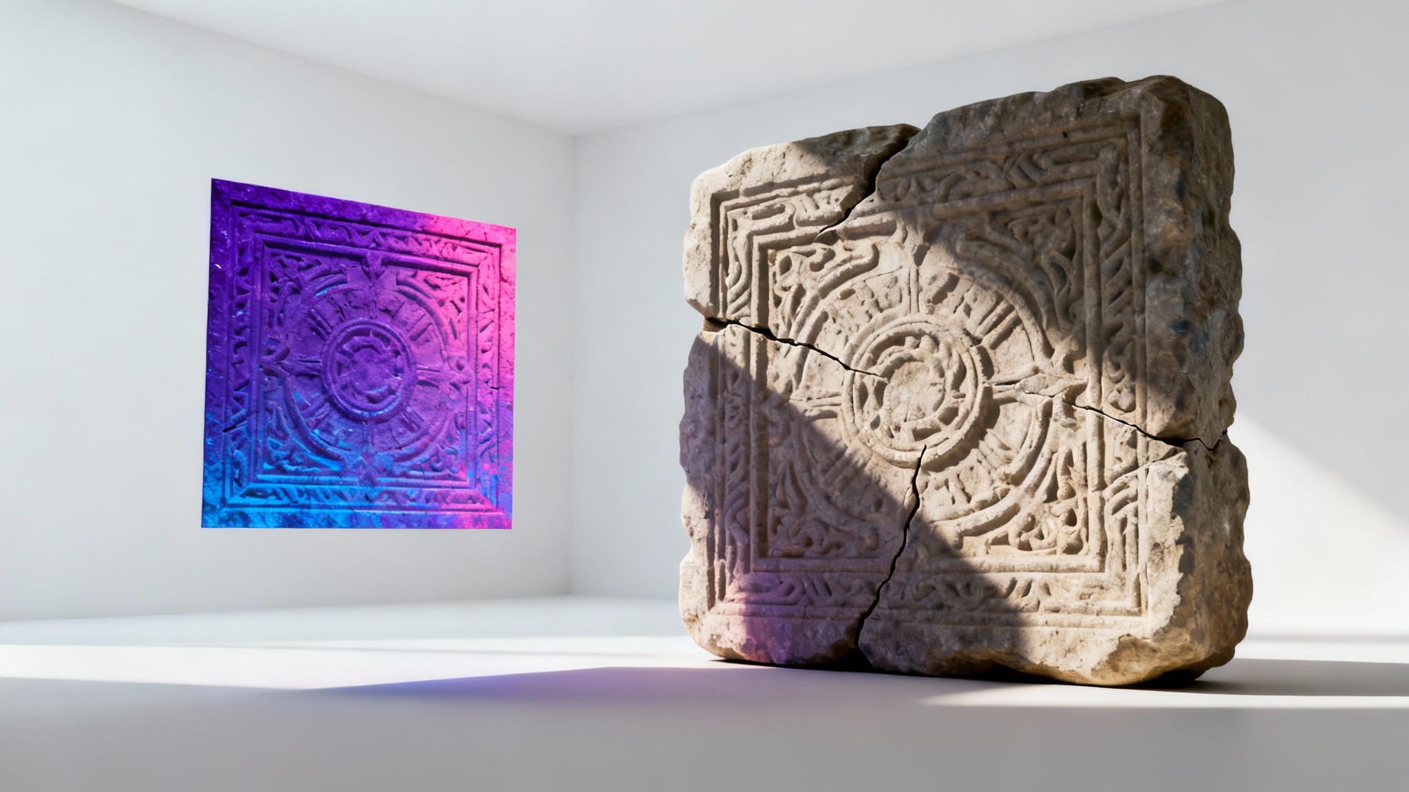 A 3D rendering demonstrating a normal map. On the right is a detailed stone artifact, and on the left is its corresponding purple and blue normal map texture, showing how the texture adds detail to the 3D model.