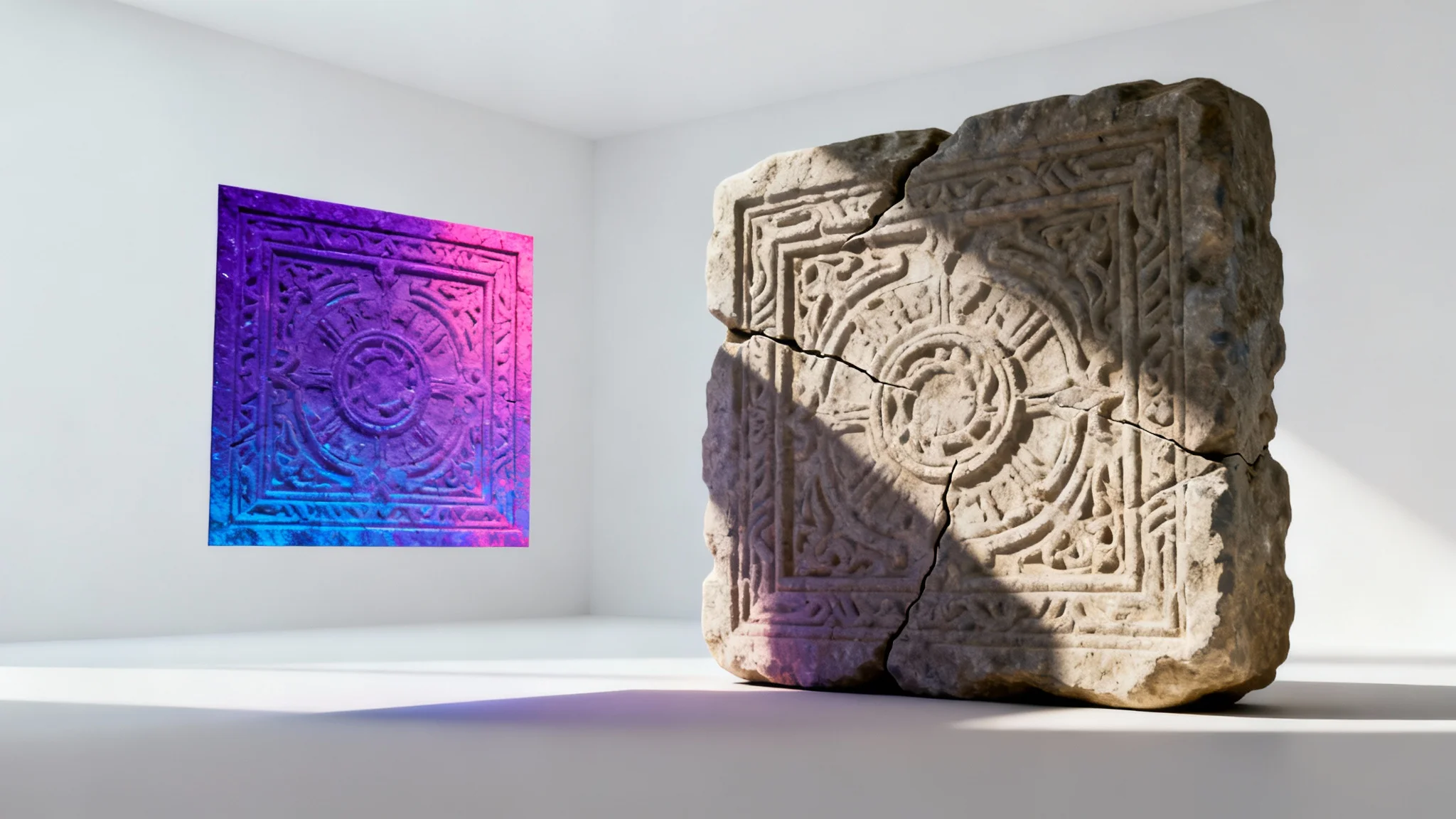 A 3D rendering demonstrating a normal map. On the right is a detailed stone artifact, and on the left is its corresponding purple and blue normal map texture, showing how the texture adds detail to the 3D model.