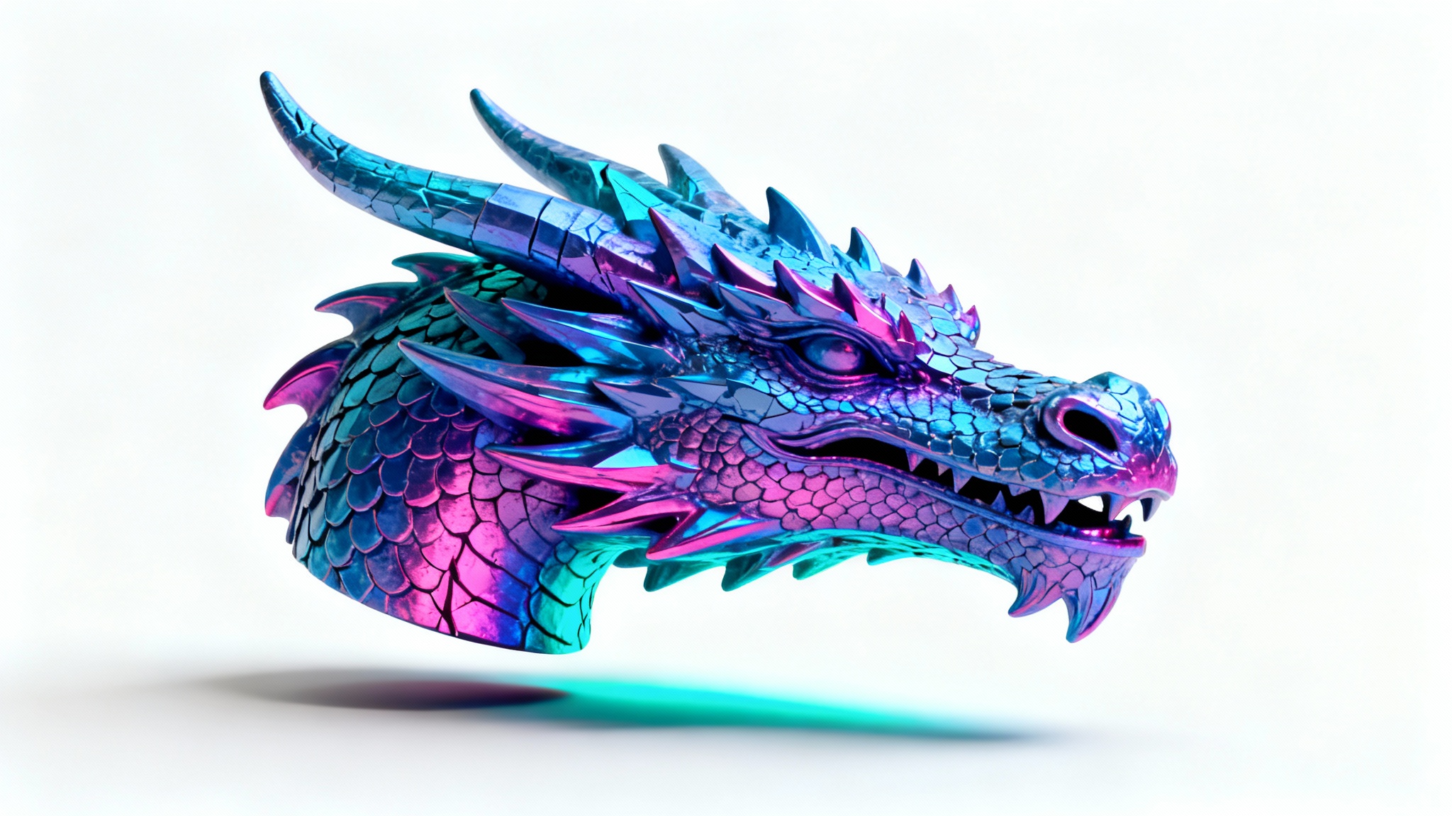 A 3D model of a dragon head with its surface colored in the purple, blue, and cyan hues of a normal map, visually demonstrating how the map adds texture and detail.