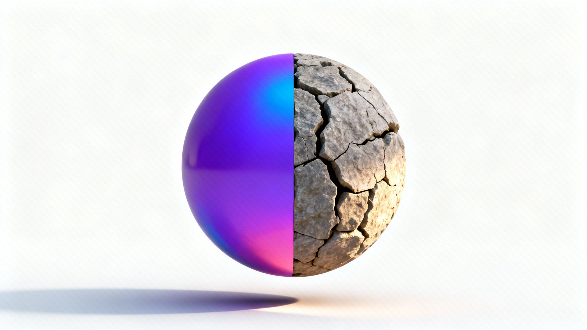 A 3D sphere demonstrating a normal map's effect. The left half shows the flat purple and blue normal map texture, while the right half shows the highly detailed, textured stone surface it generates, with realistic lighting and shadows.