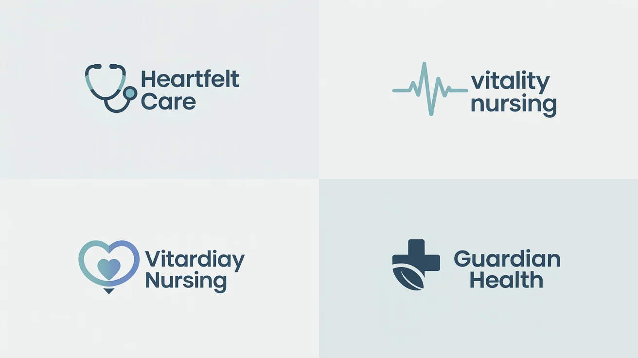 A collection of four modern, professionally designed nurse logos displayed in a clean grid format on a light background, featuring symbols like stethoscopes and hearts.