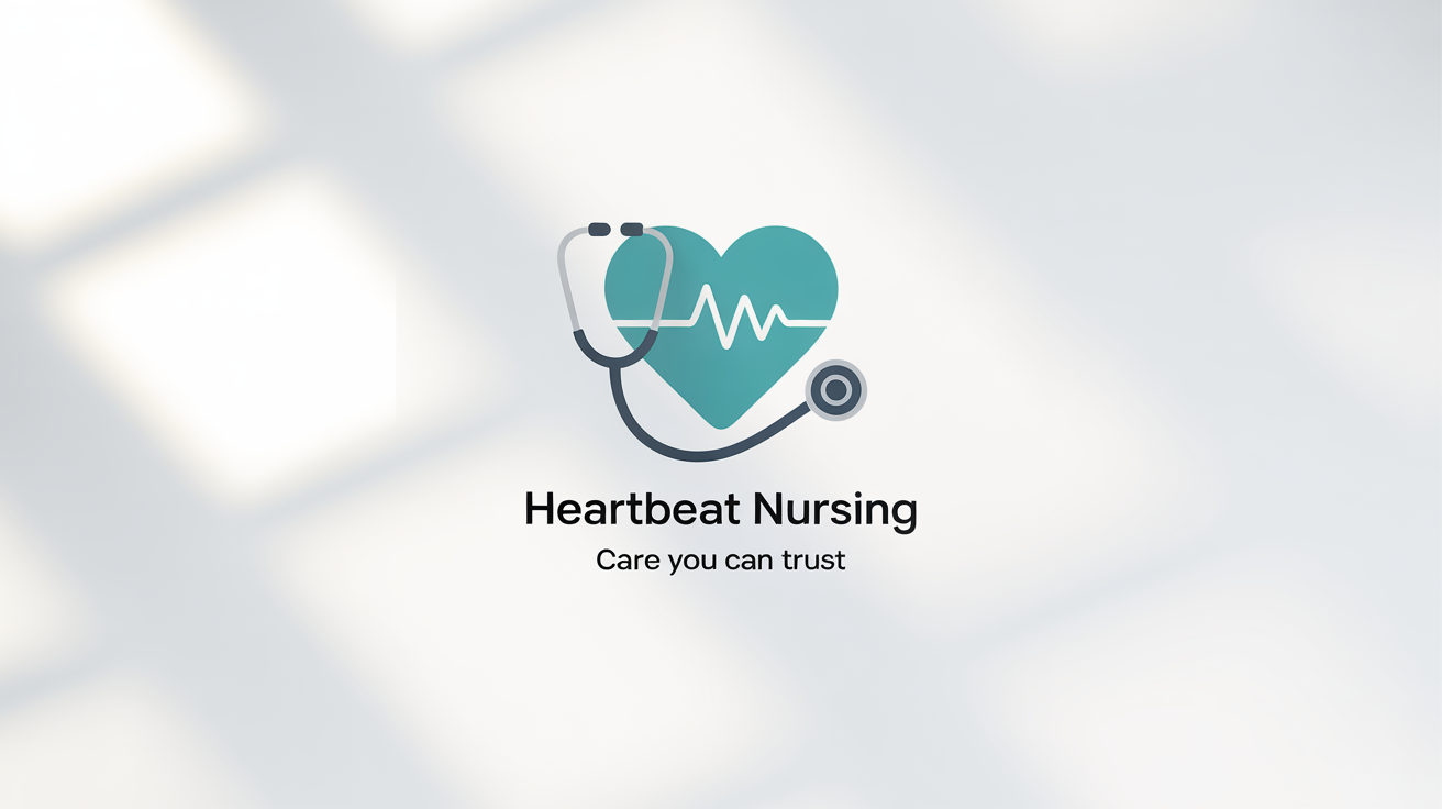 A professional nurse logo mockup featuring a teal and gray stethoscope forming a heart. Below the icon is the text 'HEARTBEAT NURSING' and 'CARE YOU CAN TRUST'.