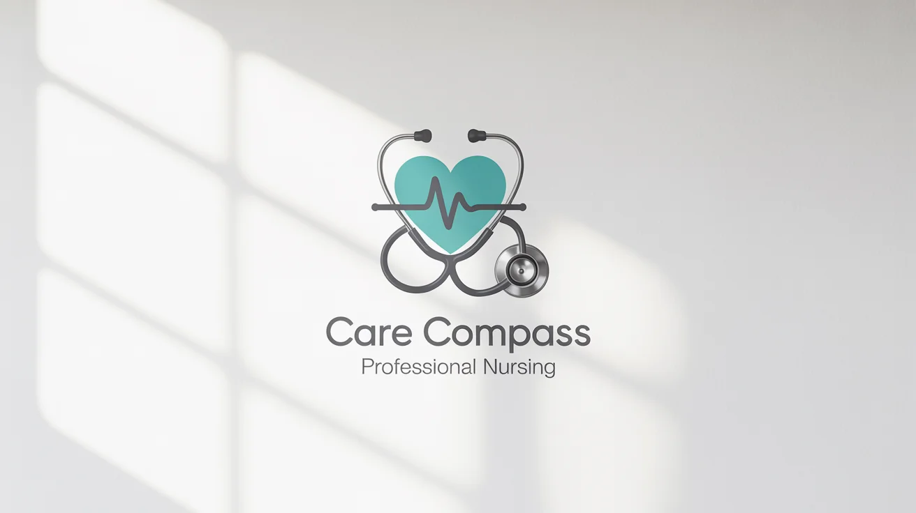 A professional nurse logo mockup showing a teal stethoscope forming a heart shape with the words 'CARE COMPASS PROFESSIONAL NURSING' underneath.