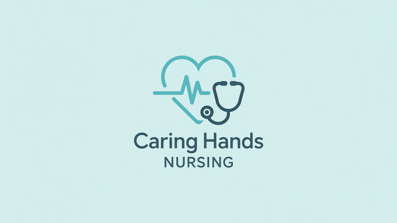 A modern logo for a nursing service named "Caring Hands Nursing". The logo features a teal and blue icon of a heart combined with a stethoscope, on a plain white background.