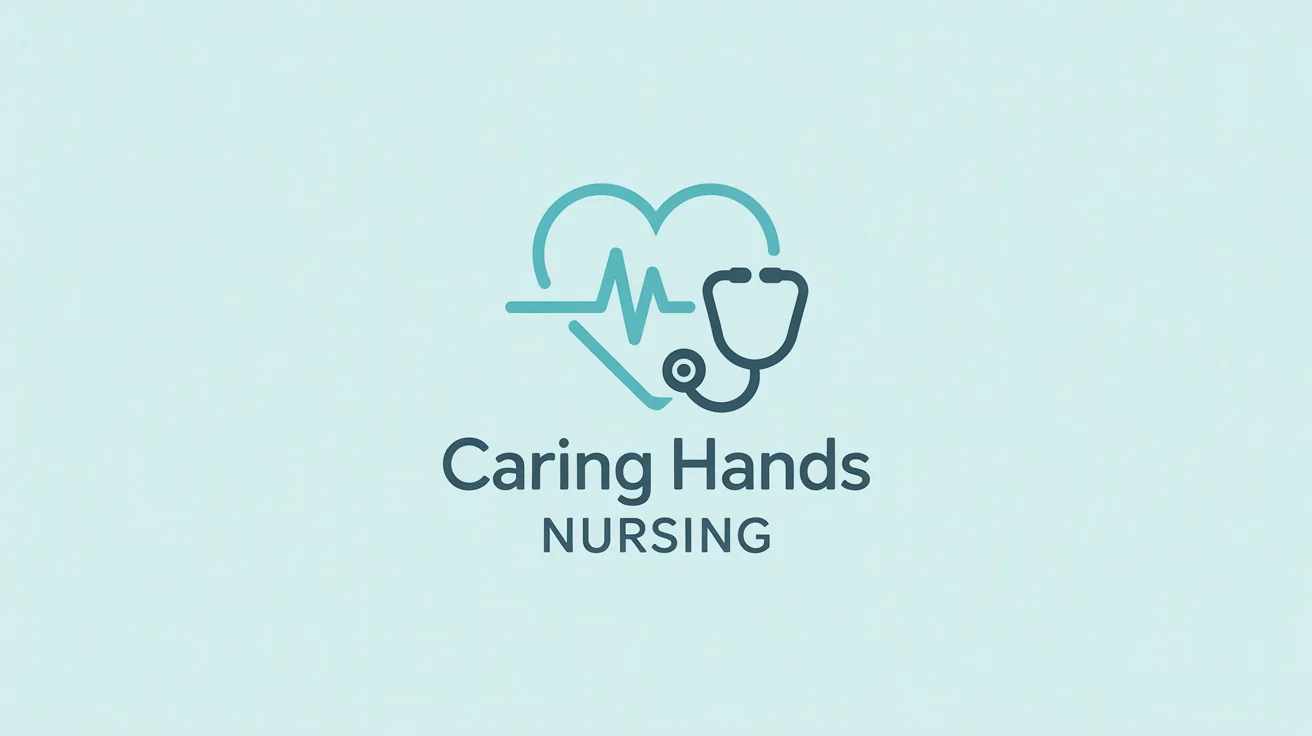 A modern logo for a nursing service named "Caring Hands Nursing". The logo features a teal and blue icon of a heart combined with a stethoscope, on a plain white background.
