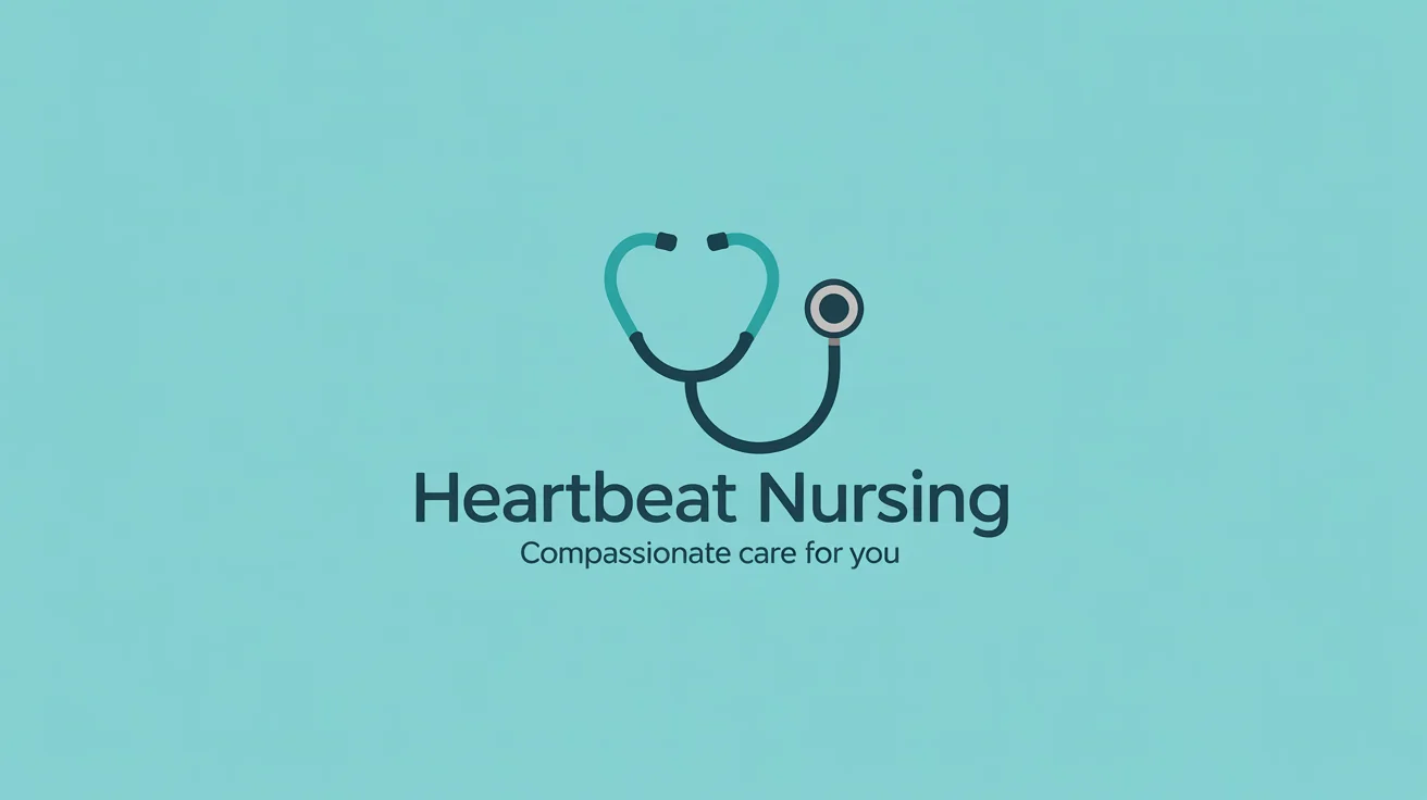 A modern nurse logo mockup on a white background. The logo shows a teal and navy blue stethoscope shaped like a heart, with the text 'Heartbeat Nursing' below it.