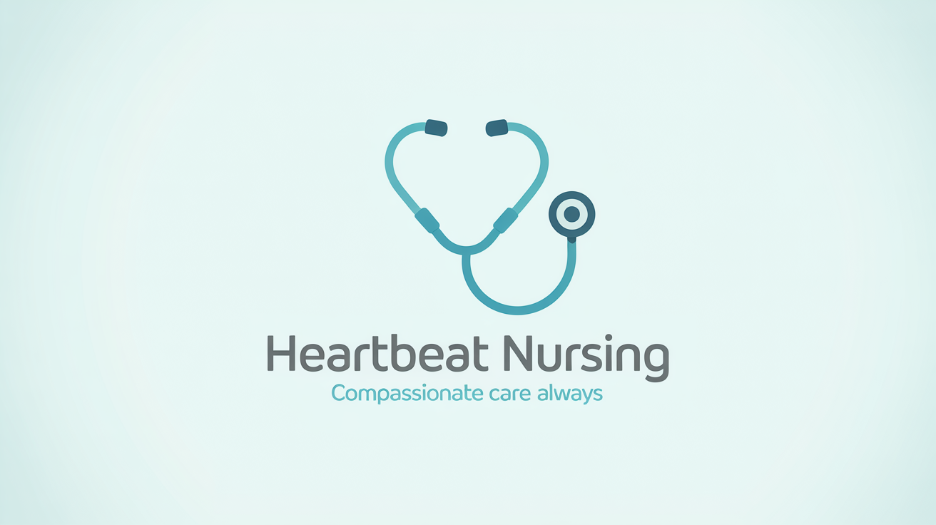 A modern minimalist logo for a nursing service named 'HEARTBEAT NURSING'. The icon combines a stethoscope and a heart, set against a white background.
