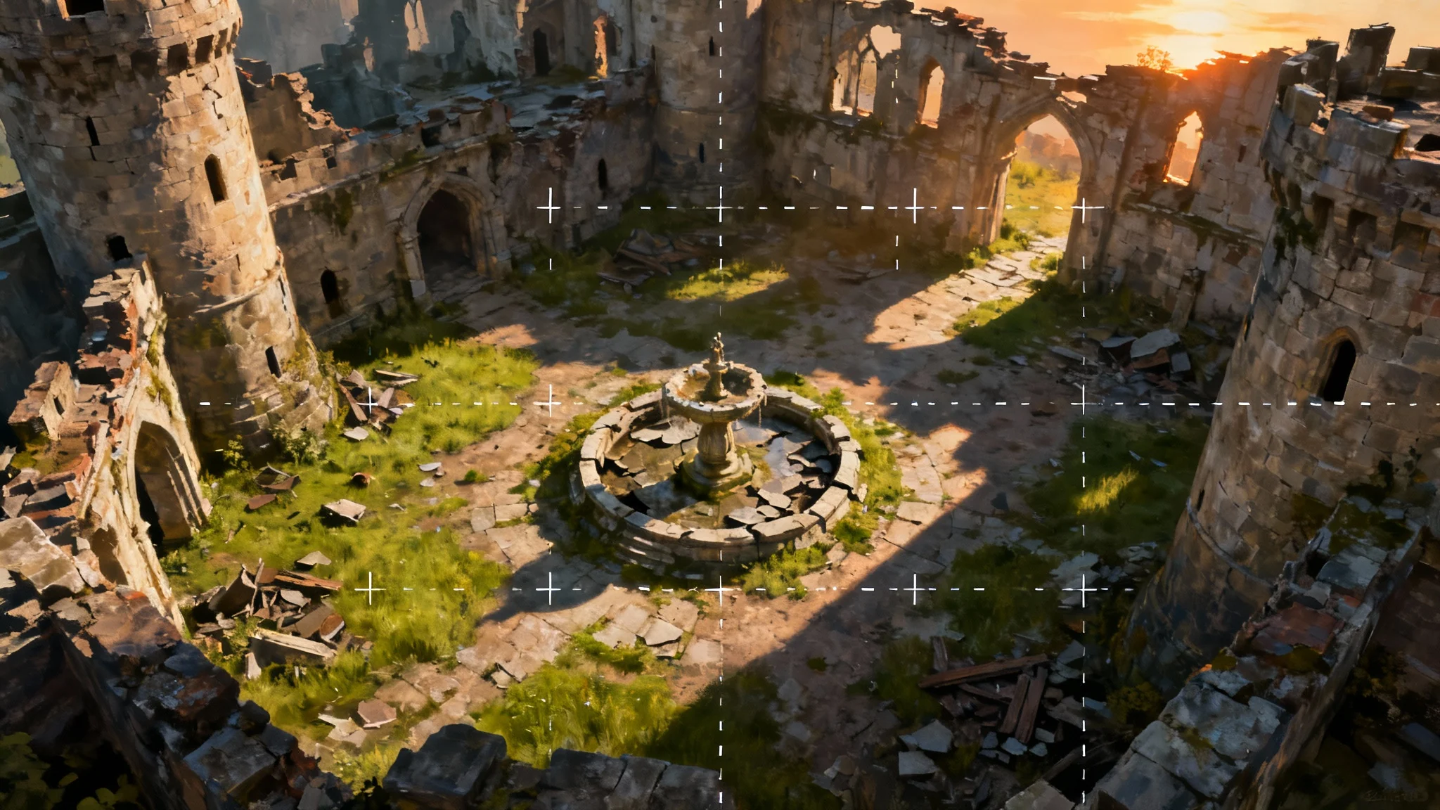 An eye-catching, top-down view of a fantasy battle map depicting a ruined castle courtyard, with a faint square grid overlay for tabletop gaming.