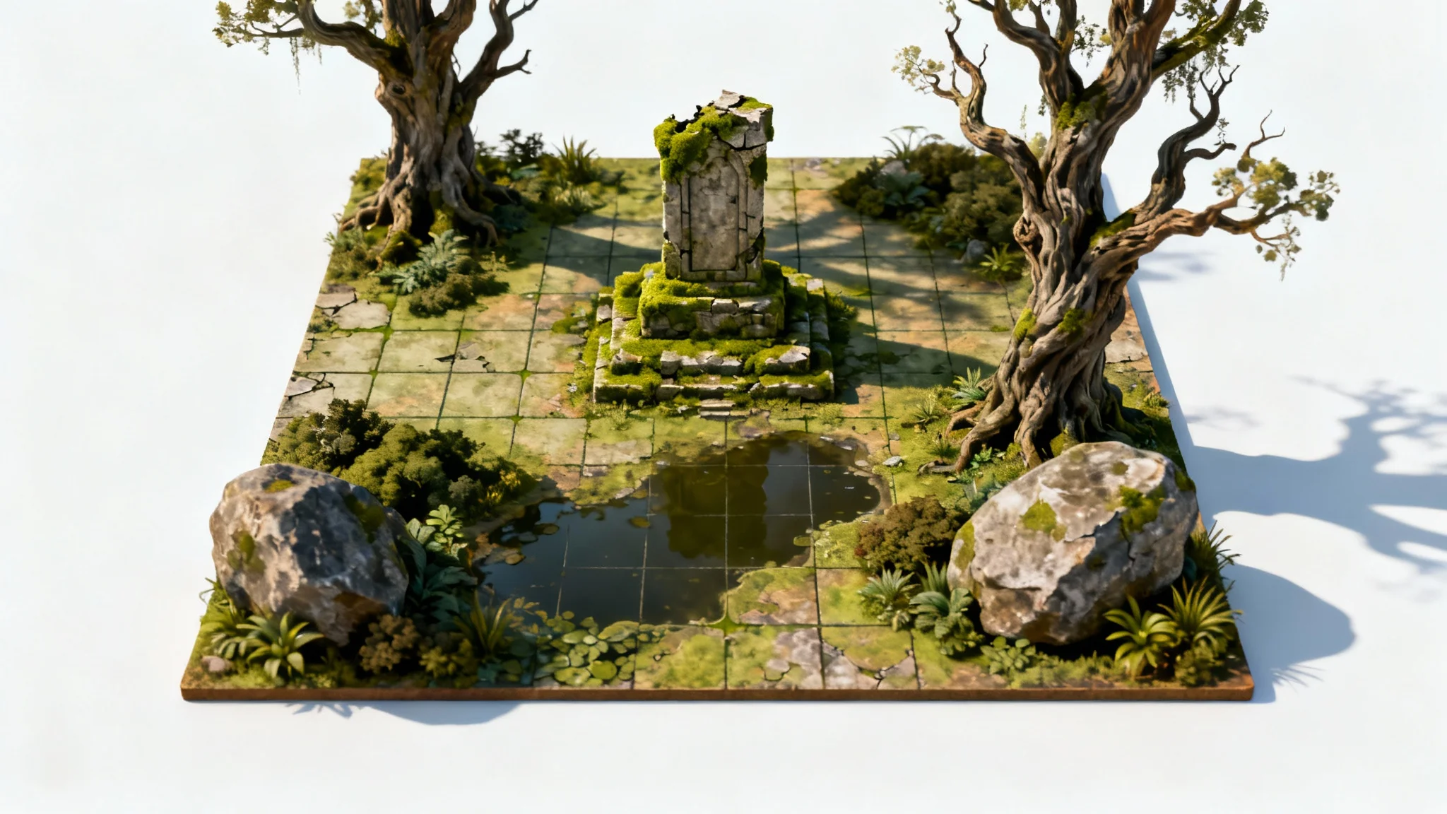 A vibrant, top-down view of a fantasy forest clearing battle map with a stone altar, ancient trees, and a pond, presented as a product on a white background.