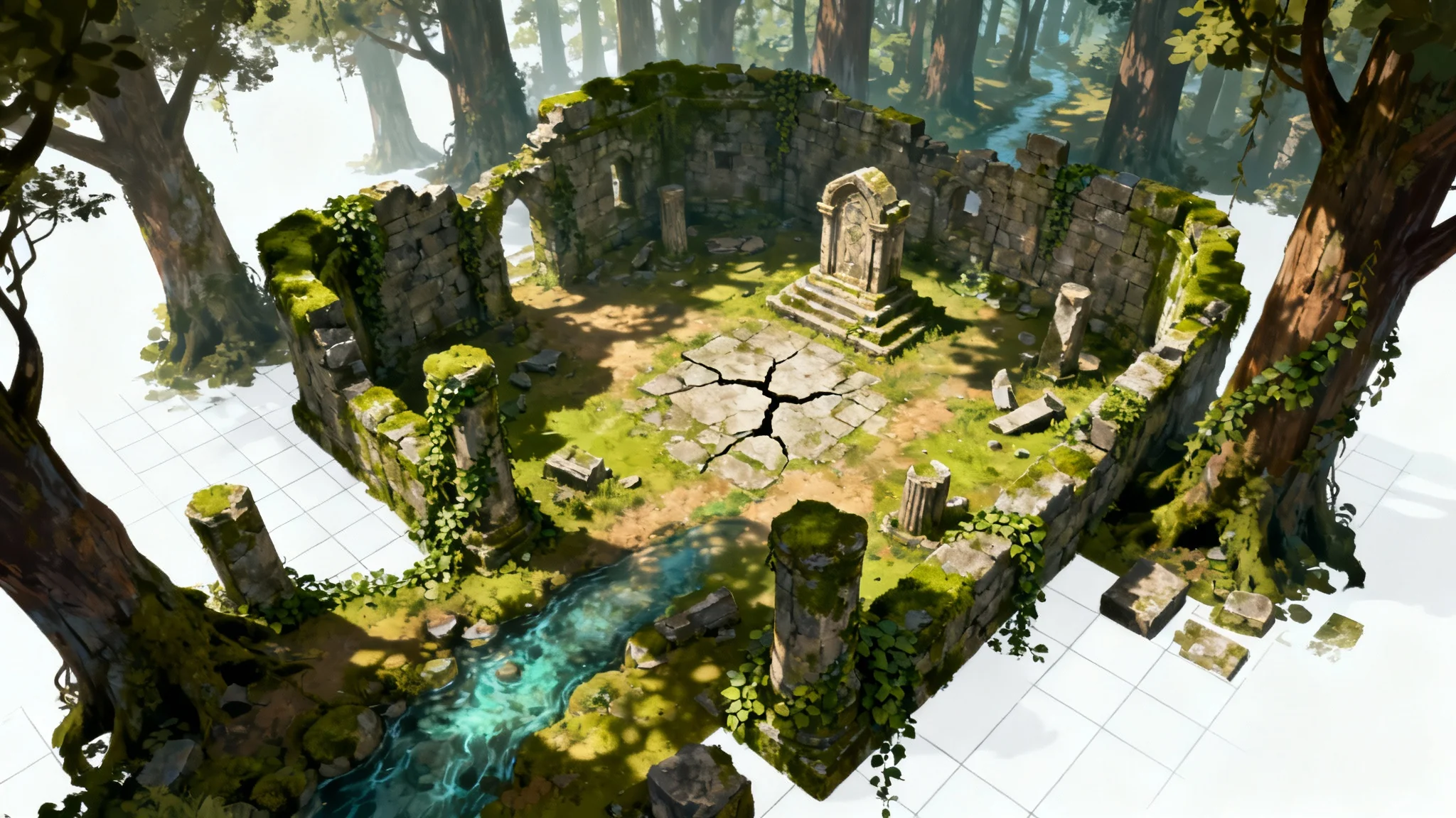 A detailed, top-down fantasy battle map of an ancient forest ruin with a stream and a grid overlay, presented on a white background.