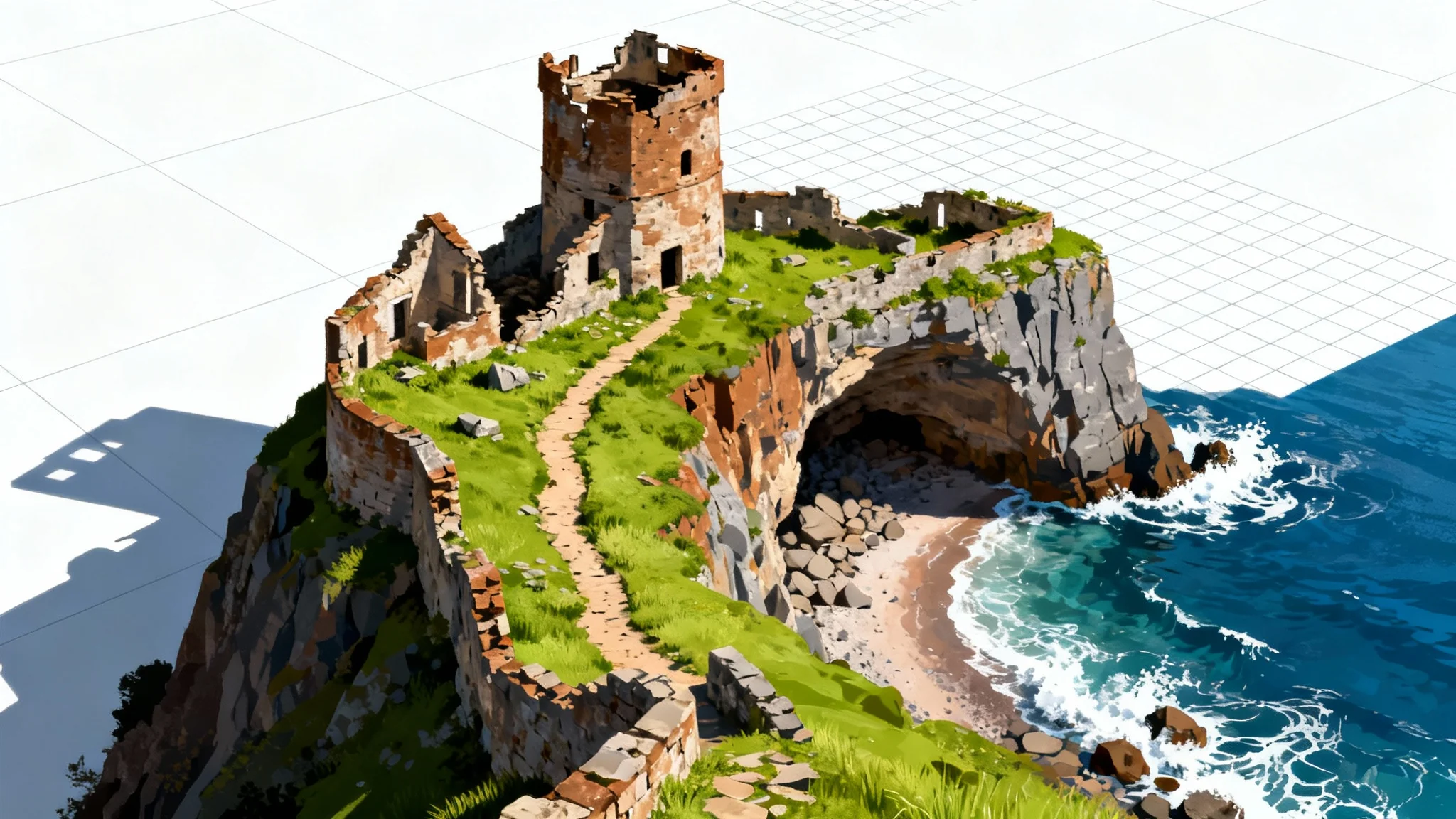 A top-down, grid-based fantasy battle map of a ruined cliffside fort next to the ocean, displayed as a finished product on a white background.