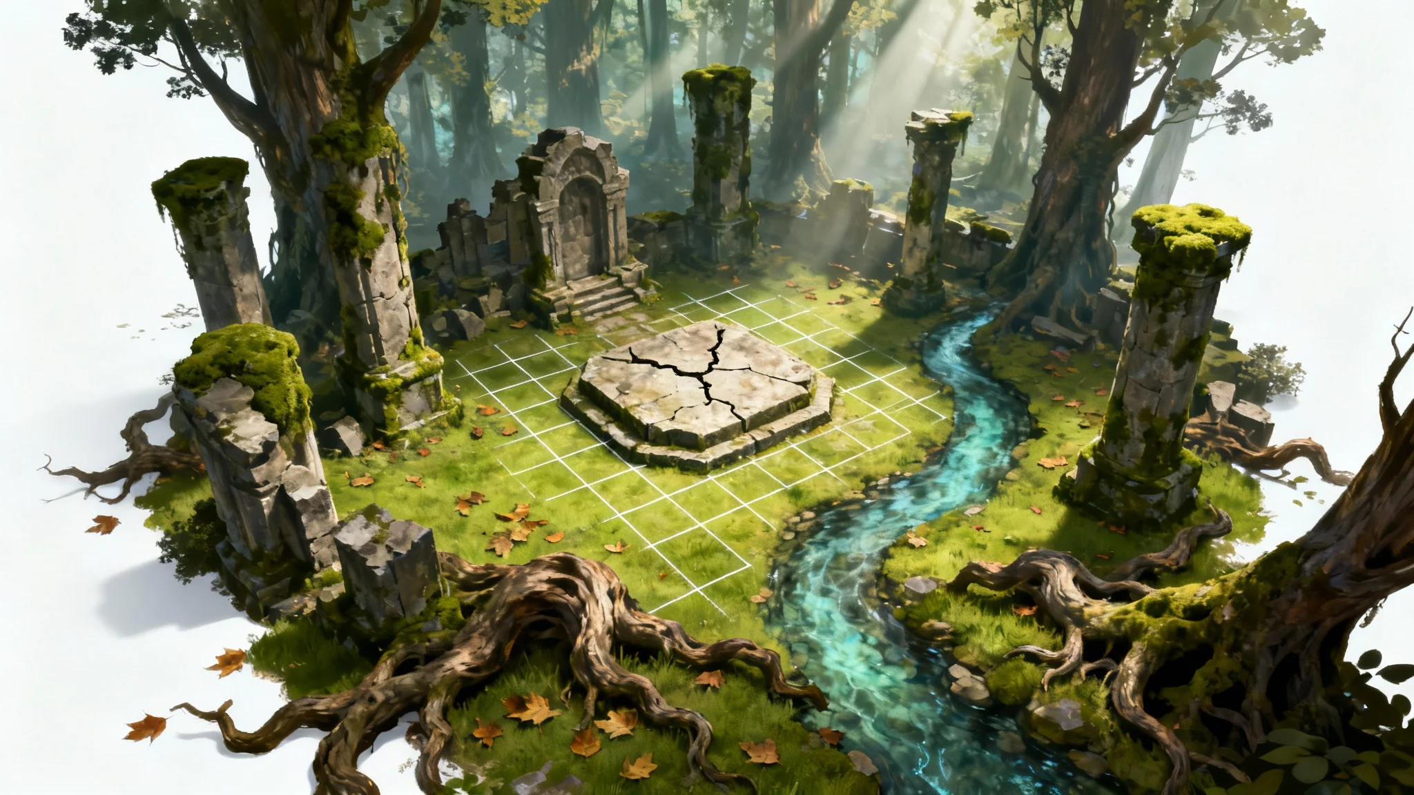 A top-down view of a detailed fantasy battle map showing a forest clearing with ancient ruins, a stream, and a grid overlay for RPG games.