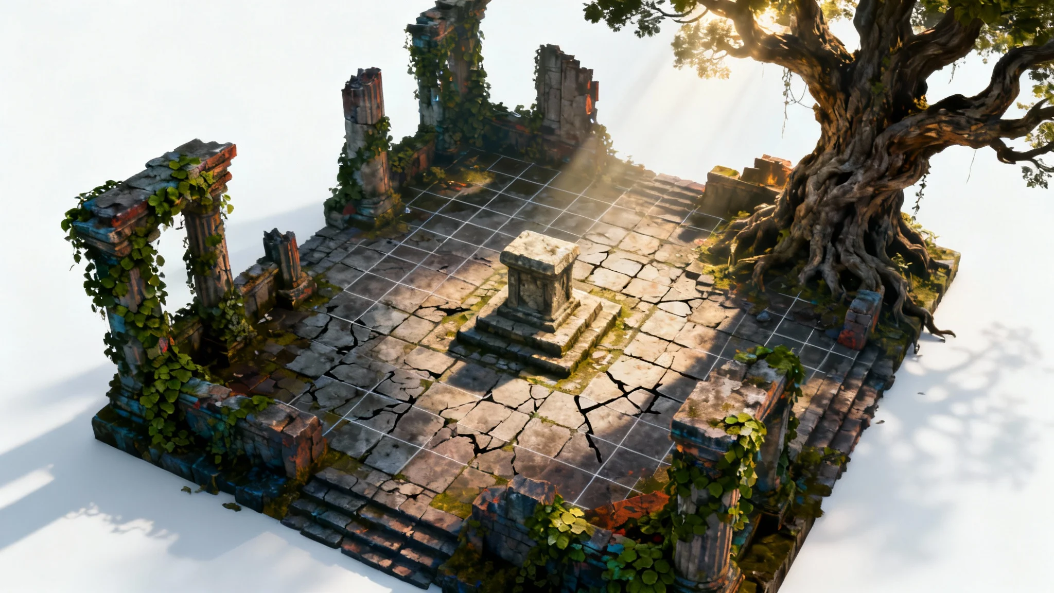 A detailed, top-down view of a fantasy battle map showing a ruined temple courtyard with a grid overlay, set against a white background.