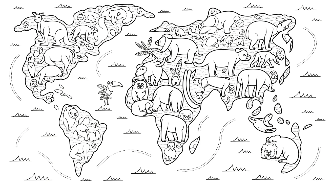 A colorful and detailed world map for children, illustrated with cartoon animals native to each continent, such as an elephant in Africa and a kangaroo in Australia, set against a white background.