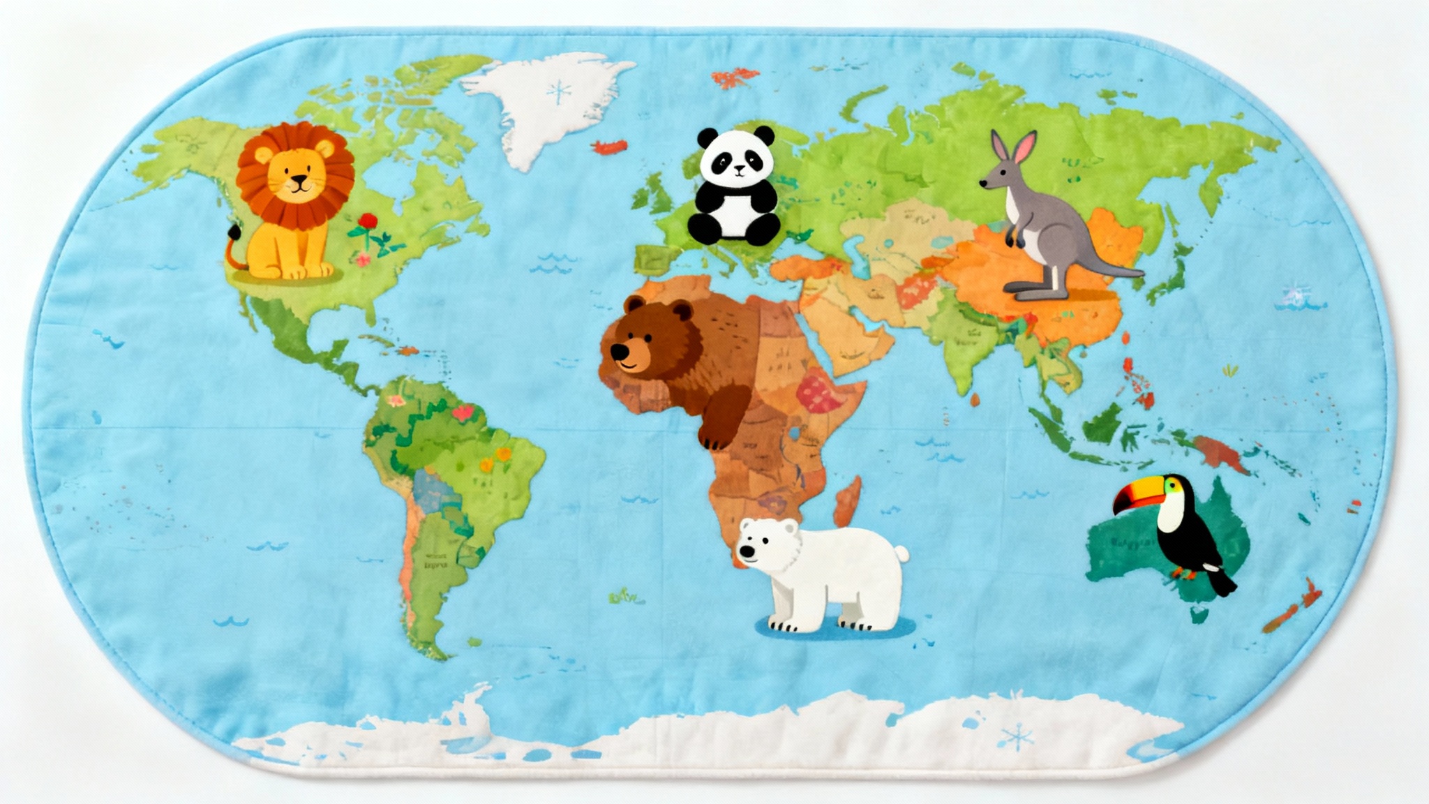 A colorful and whimsical illustrated world map for children, showing cute cartoon animals on their native continents, presented as a mockup on a plain white background.