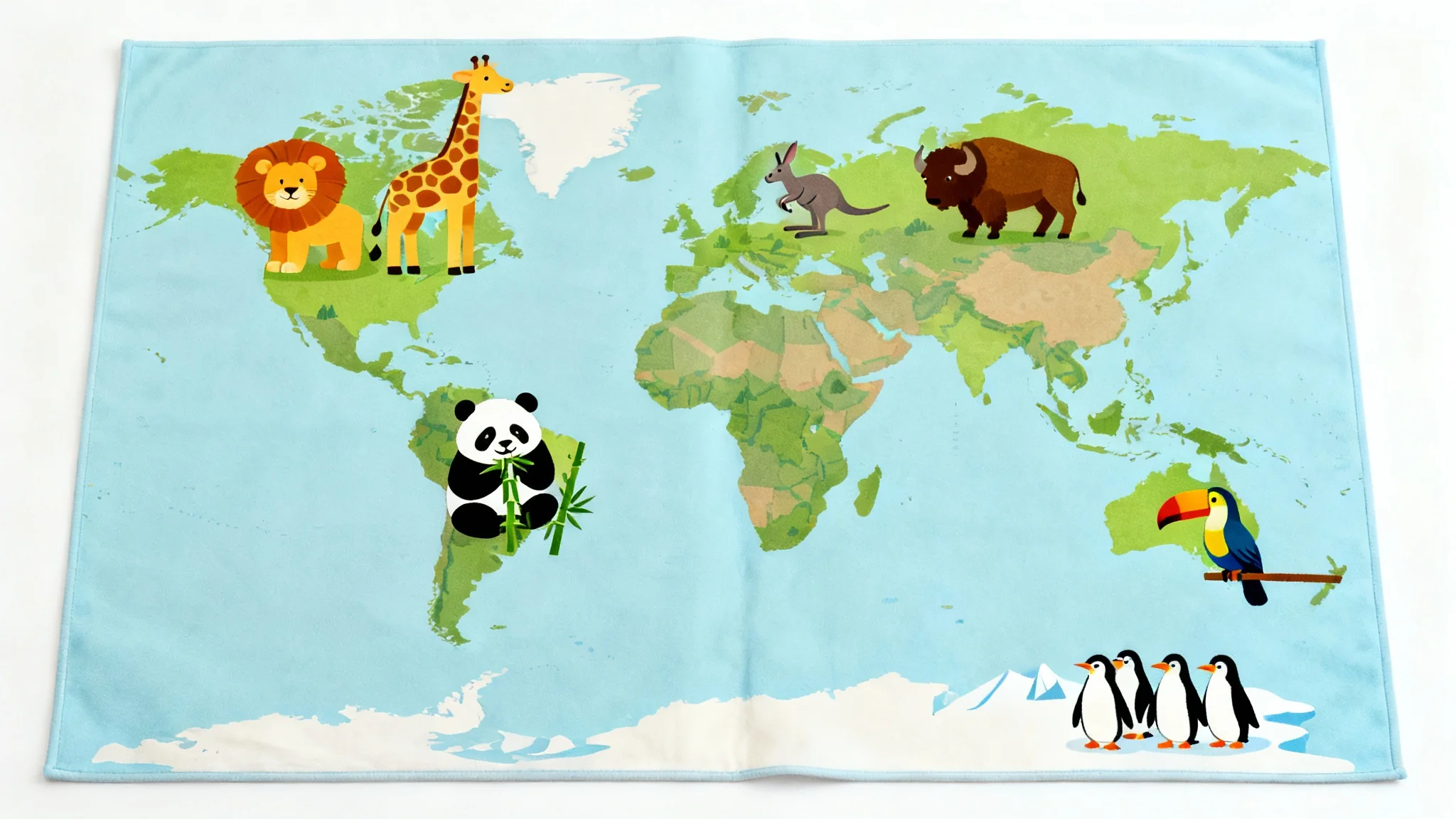 A colorful, illustrated world map for children featuring cute cartoon animals on their native continents, presented as a product mockup on a white background.