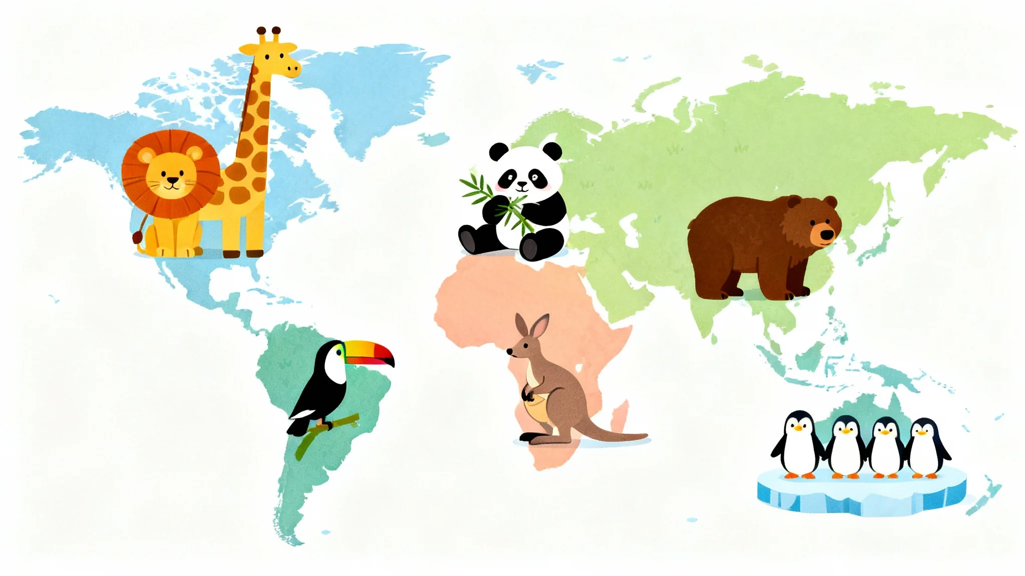 A colorful, illustrated world map for children, featuring cute cartoon animals on each continent, displayed on a clean white background.