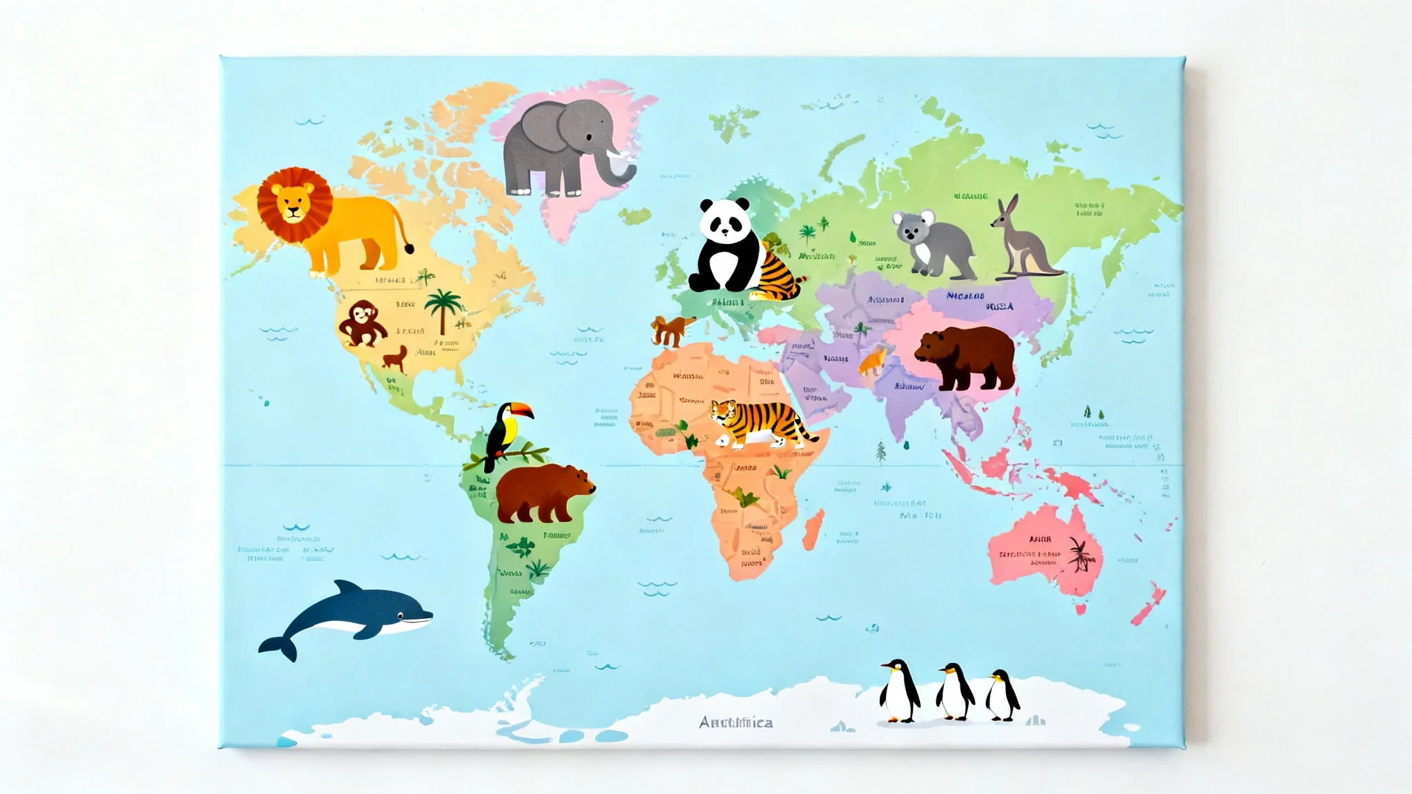 An illustrated world map for children, featuring cute cartoon animals on their respective continents, presented on a crisp white background.