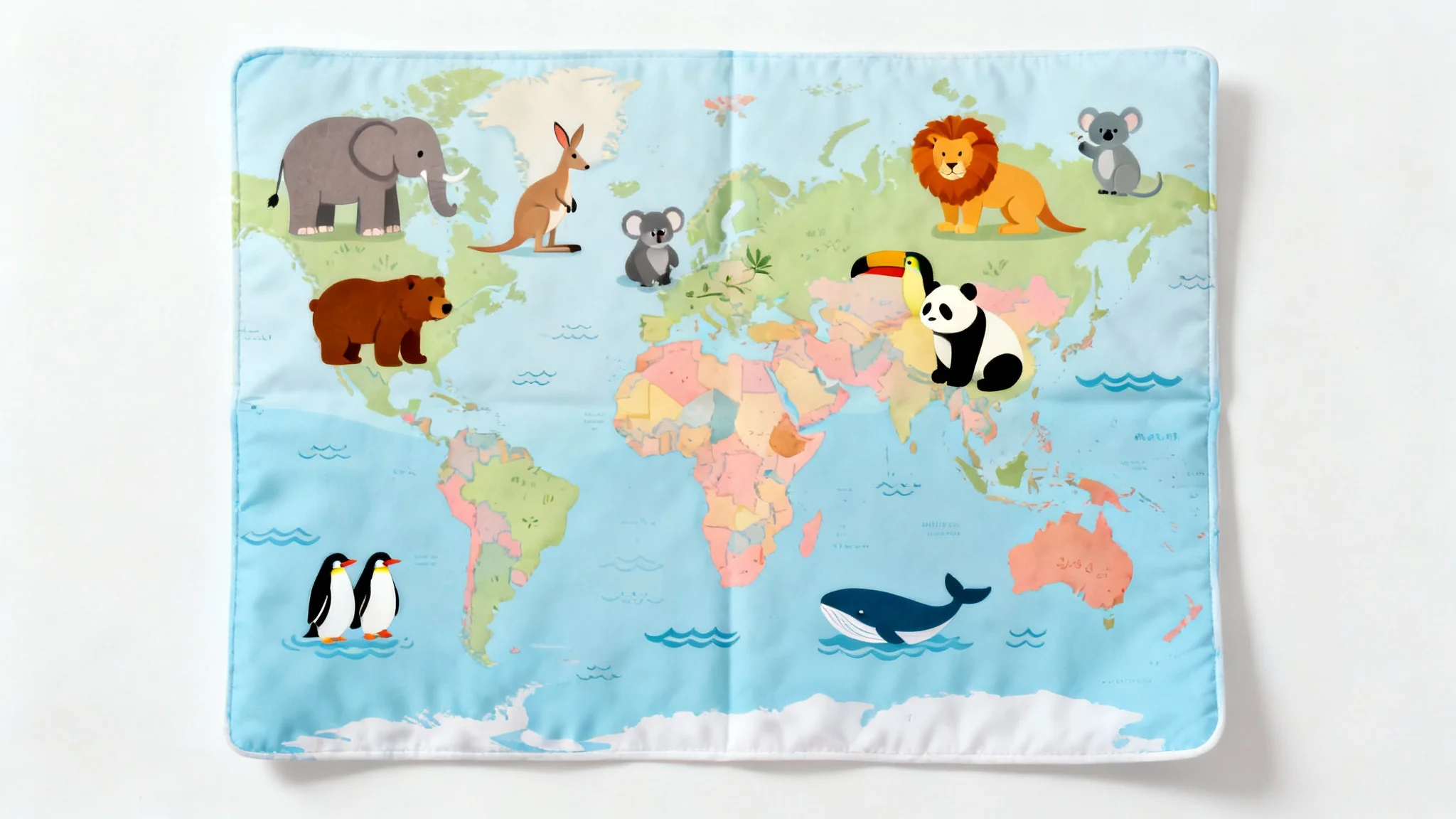 A colorful and whimsical illustrated world map featuring cartoon animals on their respective continents, shown as a high-quality print on a white background.